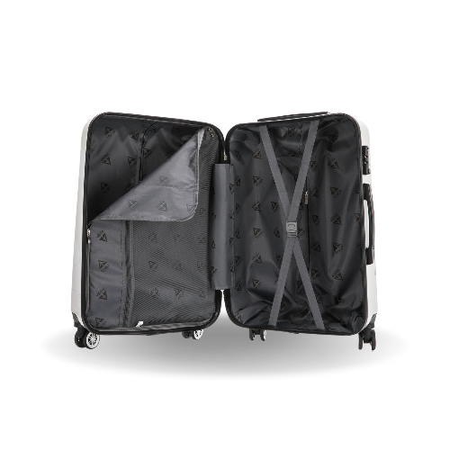 Open black suitcase with wheels on a white background