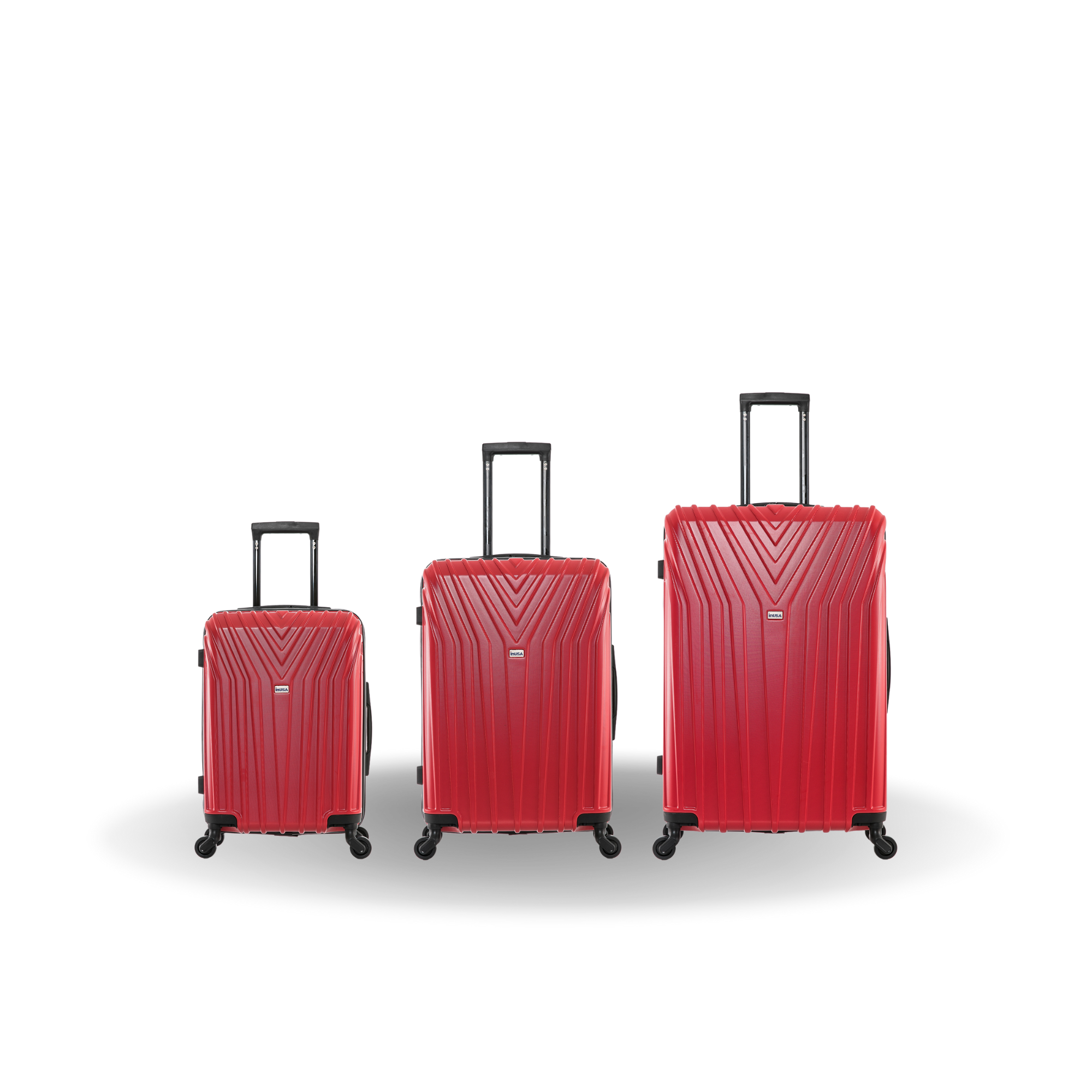 Three red suitcases of different sizes on a white background