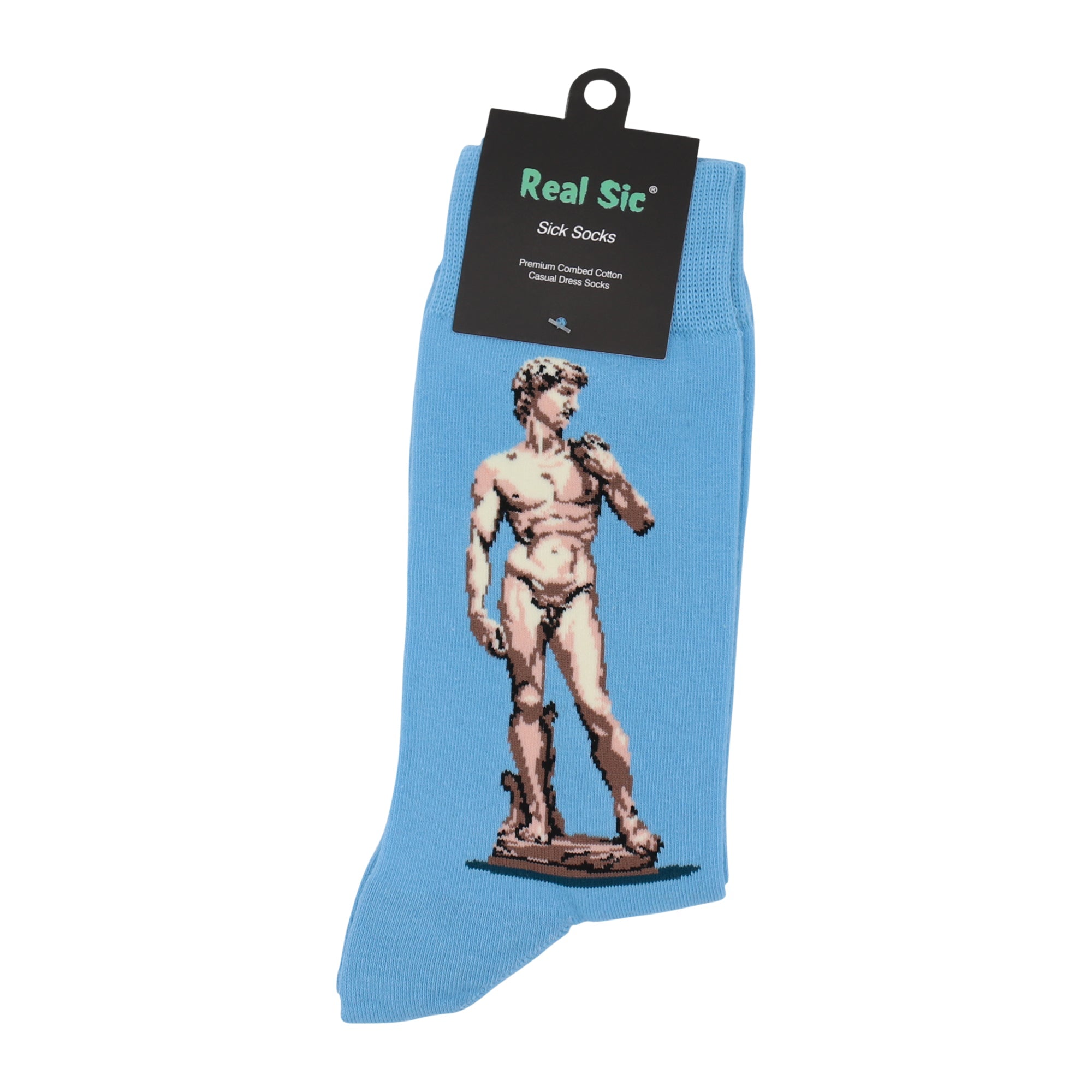 Blue sock with statue design and 'Real Sic' label on a white background