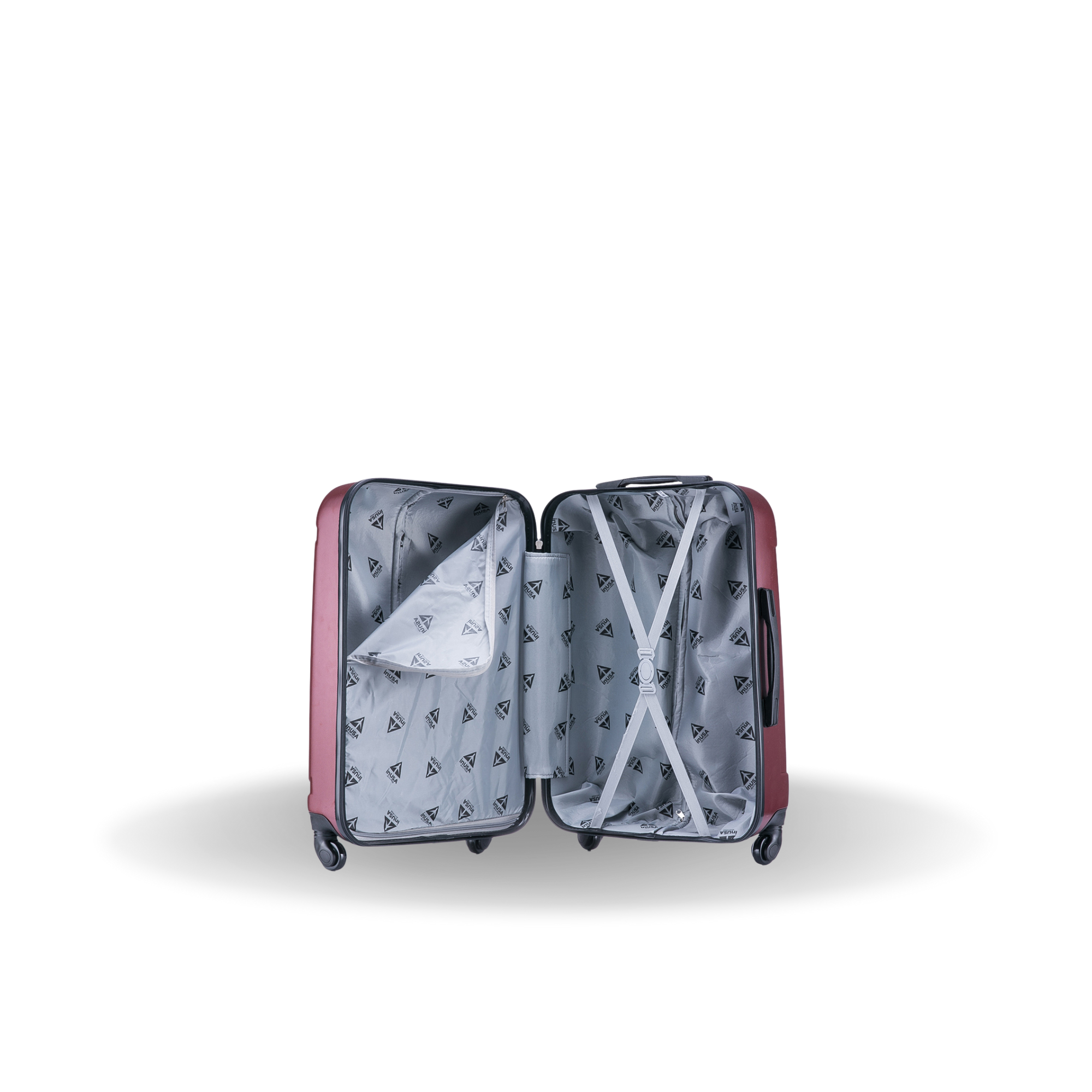 Open suitcase with patterned interior on a white background