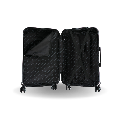 Black suitcase with open lid on a white background