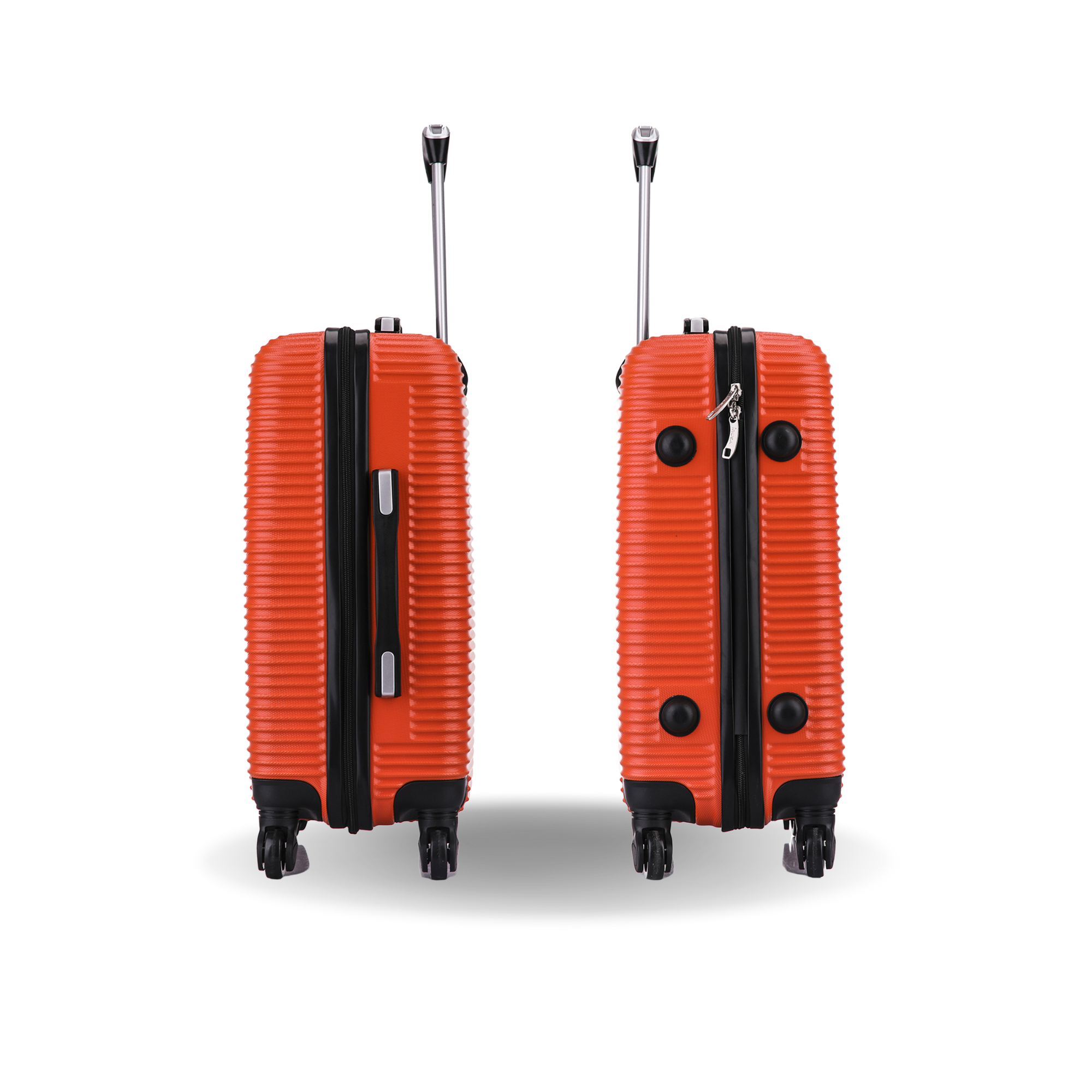 Two orange suitcases with black accents on a white background