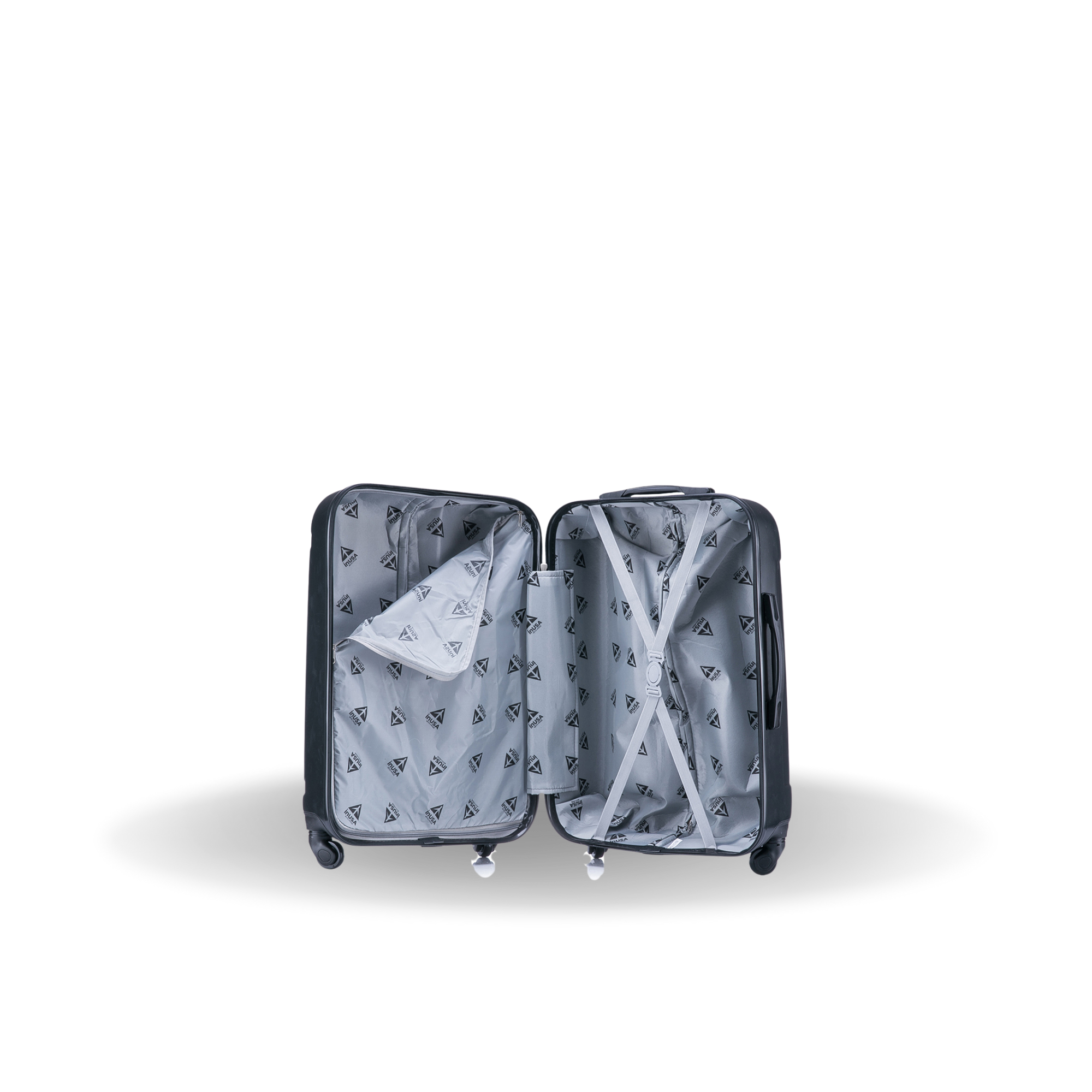 Open suitcase with a white garment inside on a white background