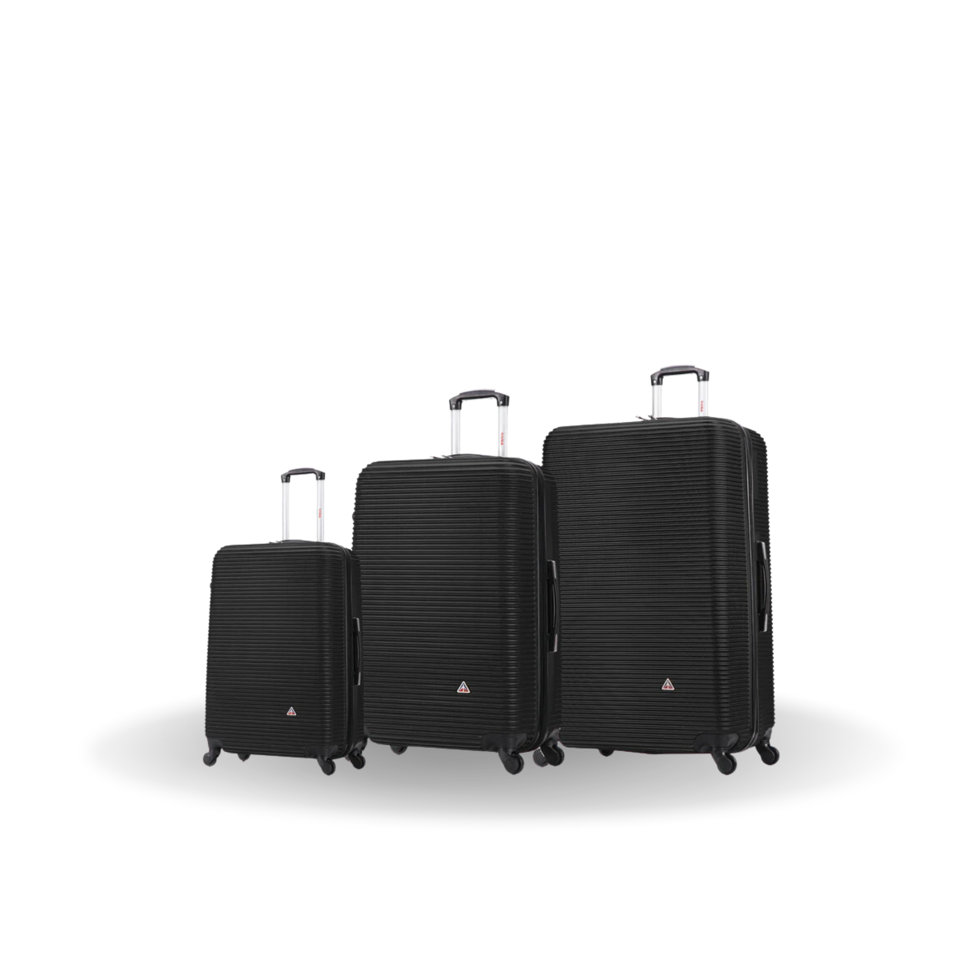 Set of three black suitcases of different sizes on a white background