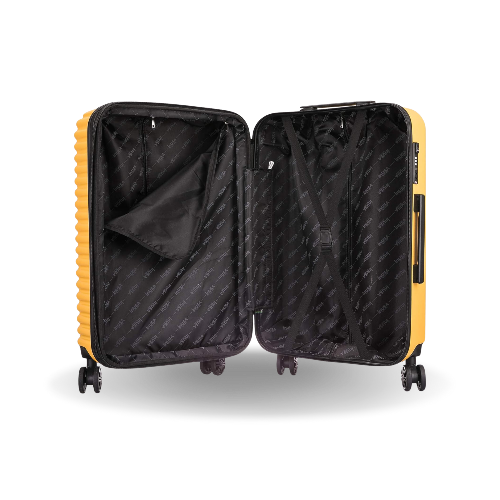 Yellow suitcase with open doors on a white background