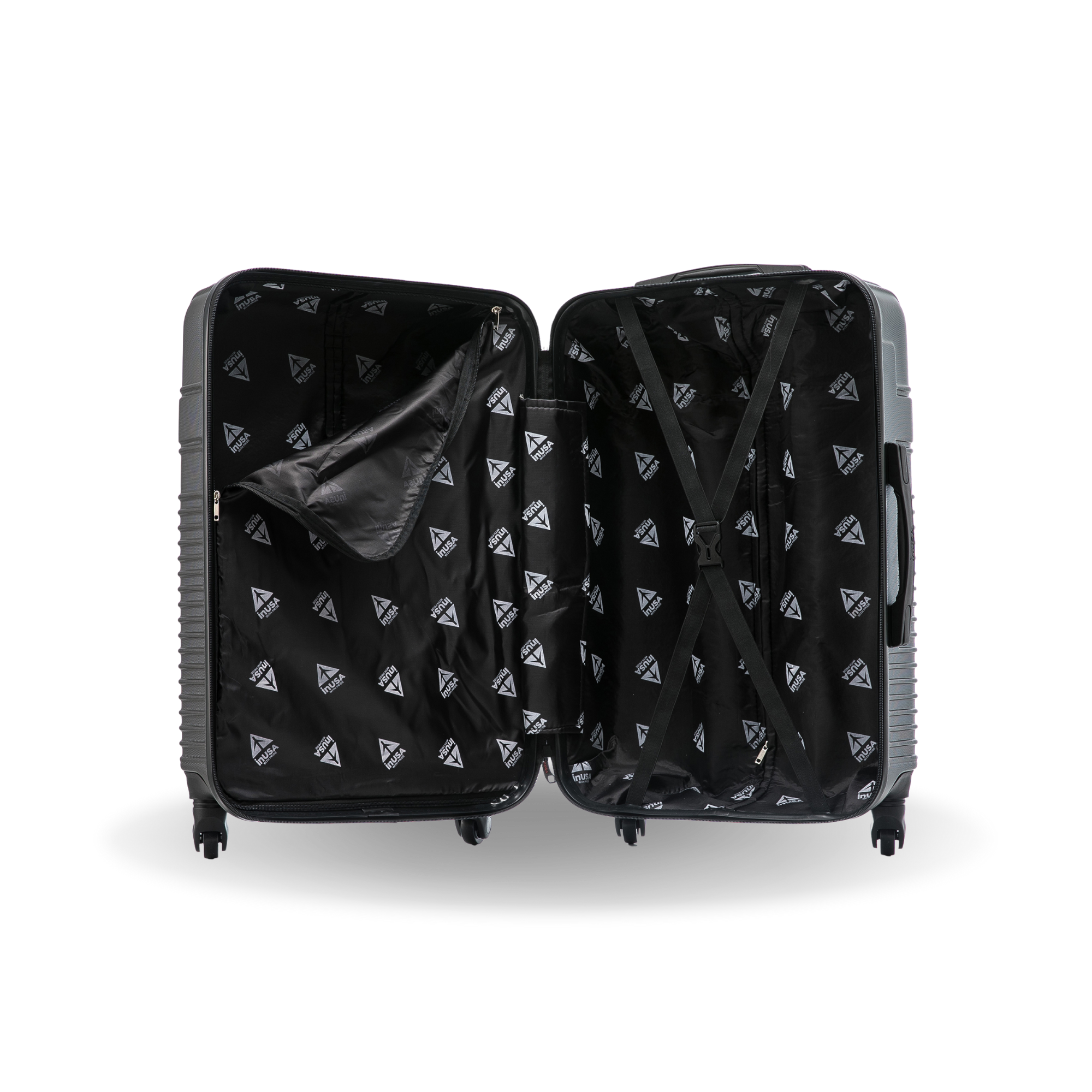 Black suitcase with geometric pattern on a white background