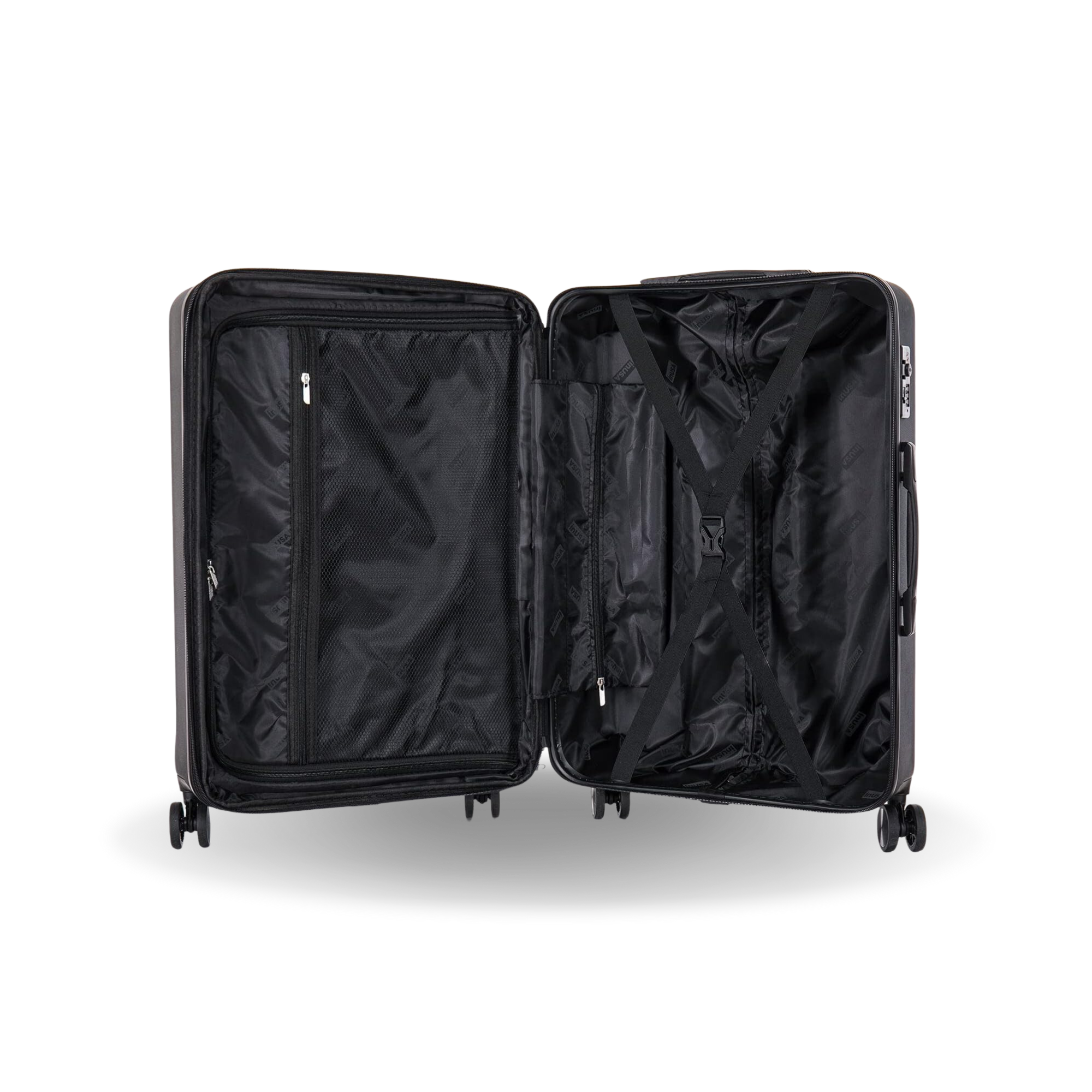 Black open suitcase on a white background