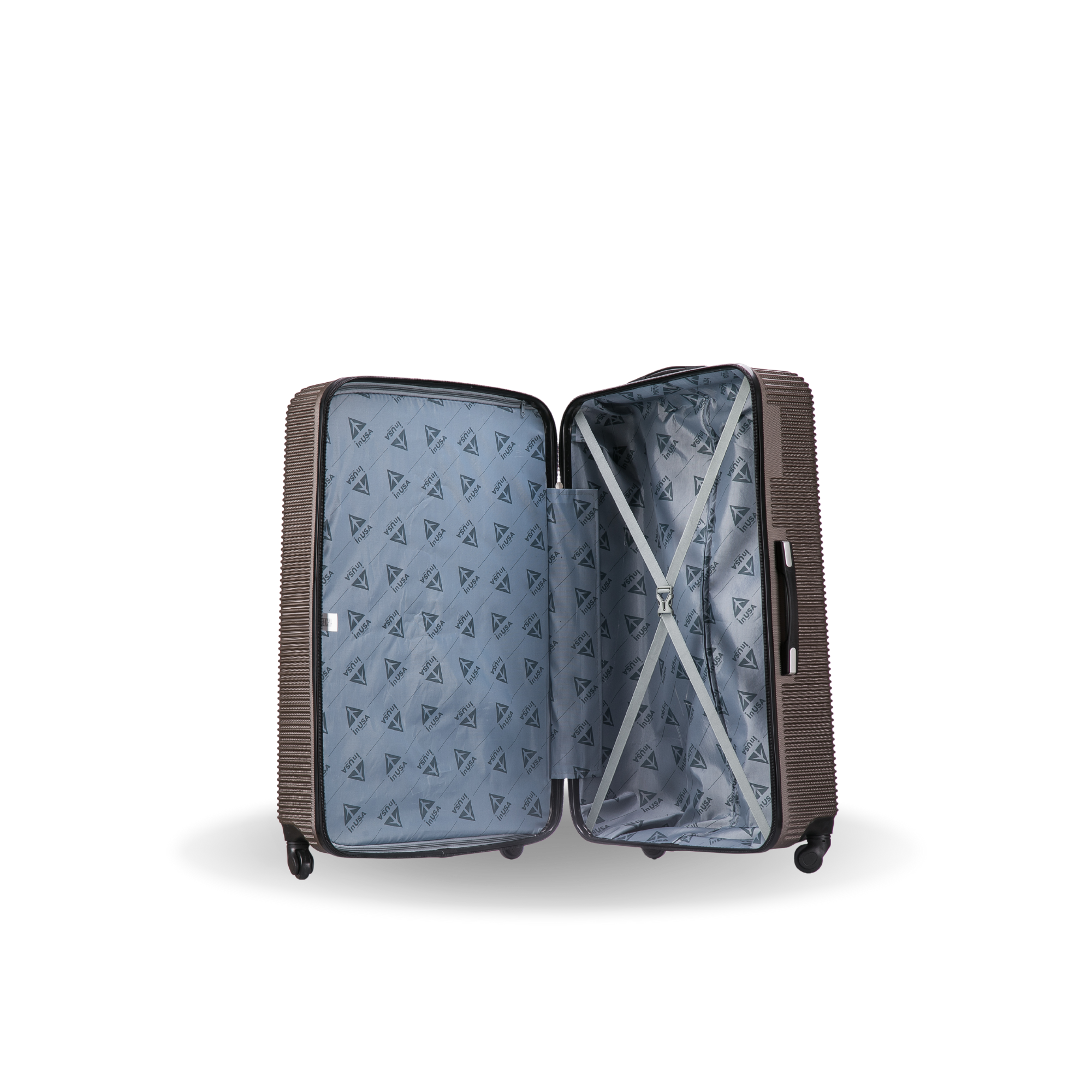 Open suitcase with patterned interior on a white background