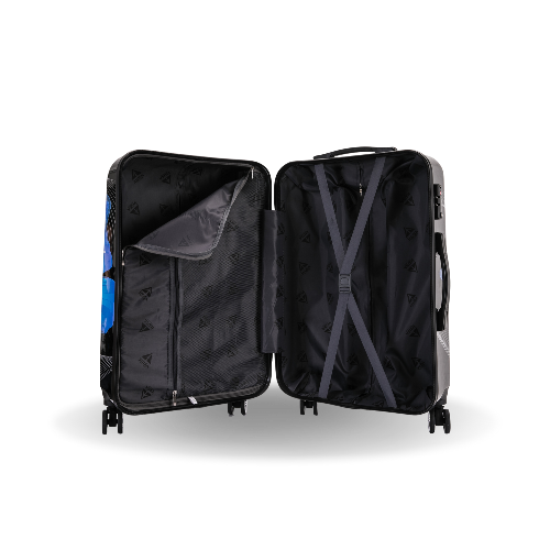 Black suitcase with open lid on a white background
