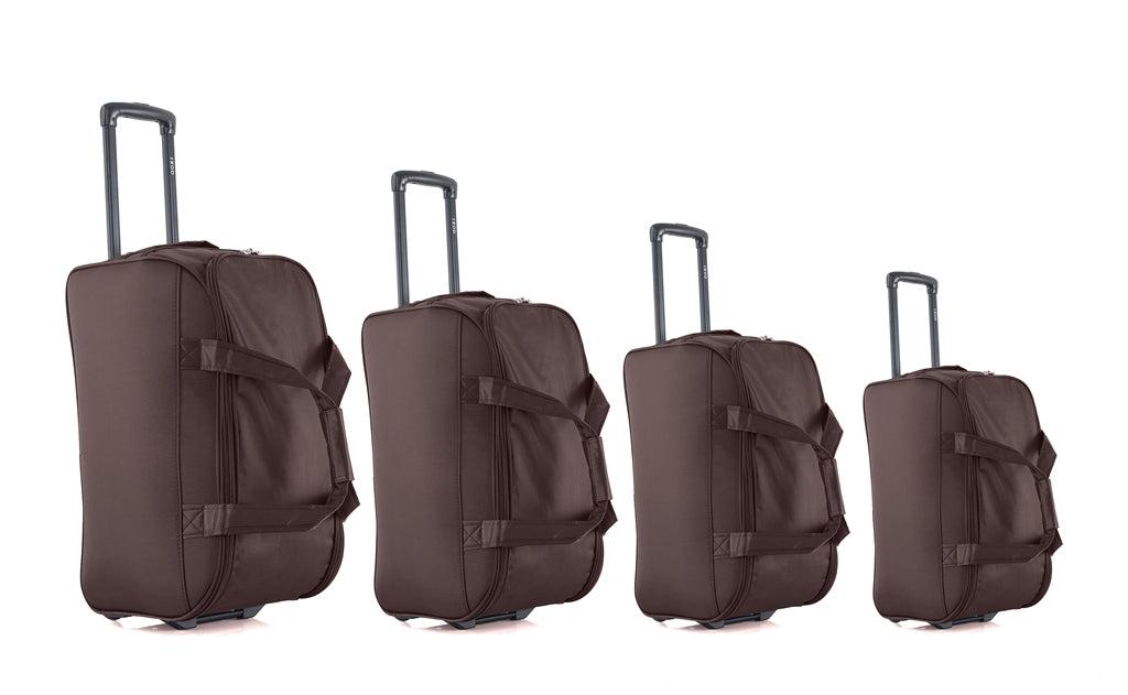 Four brown suitcases of different sizes on a white background