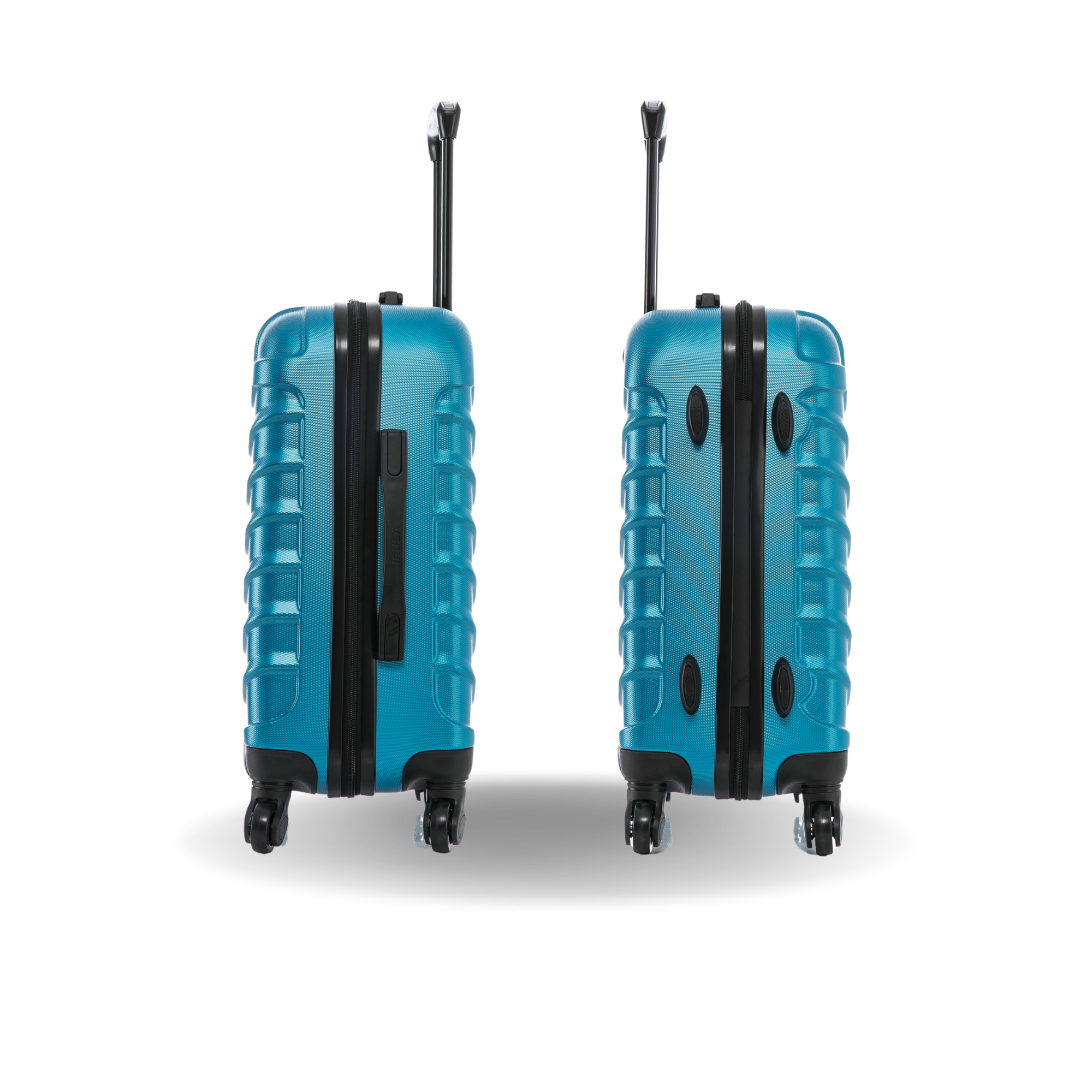 Two blue suitcases with black accents on a white background