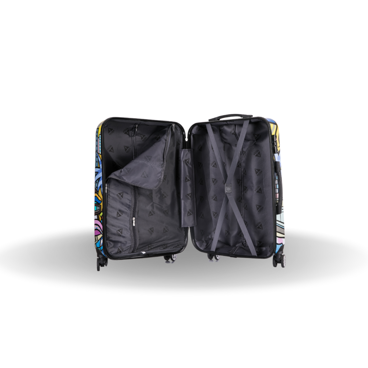 Open suitcase with colorful design on a white background
