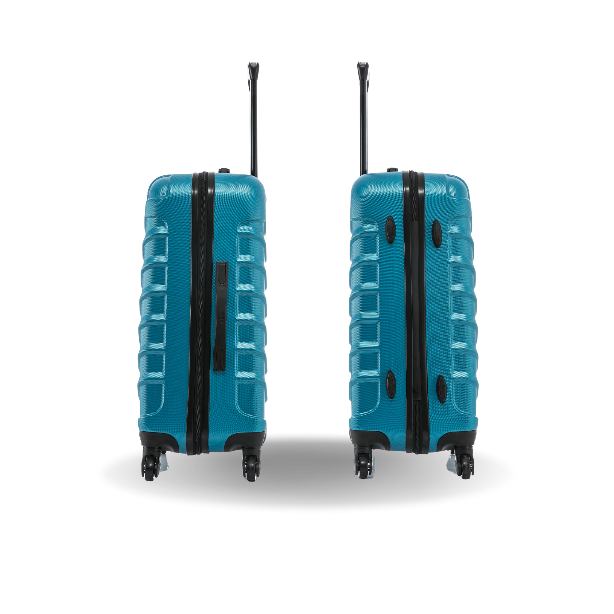 Two blue suitcases with black accents on a white background