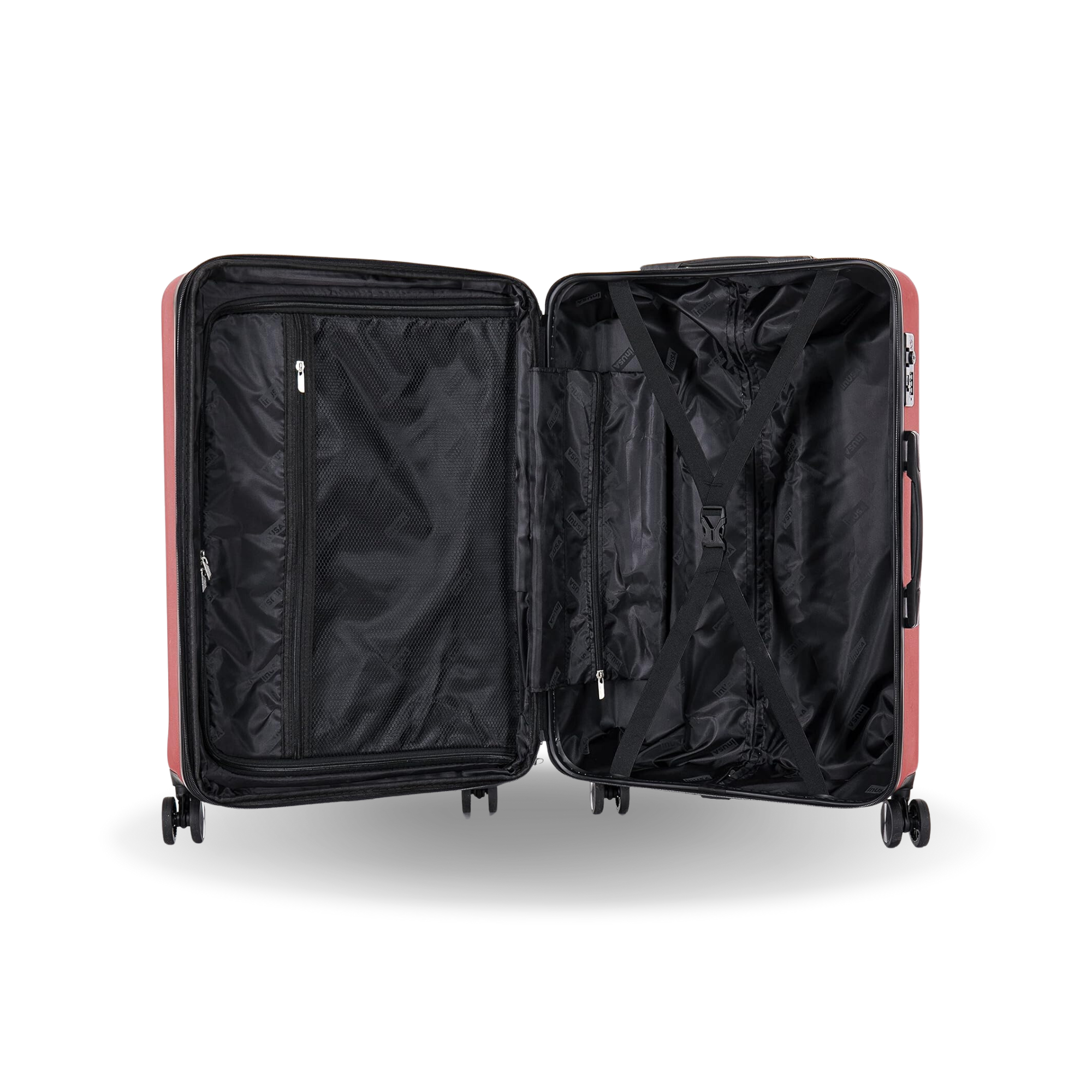 Open pink suitcase on a white background