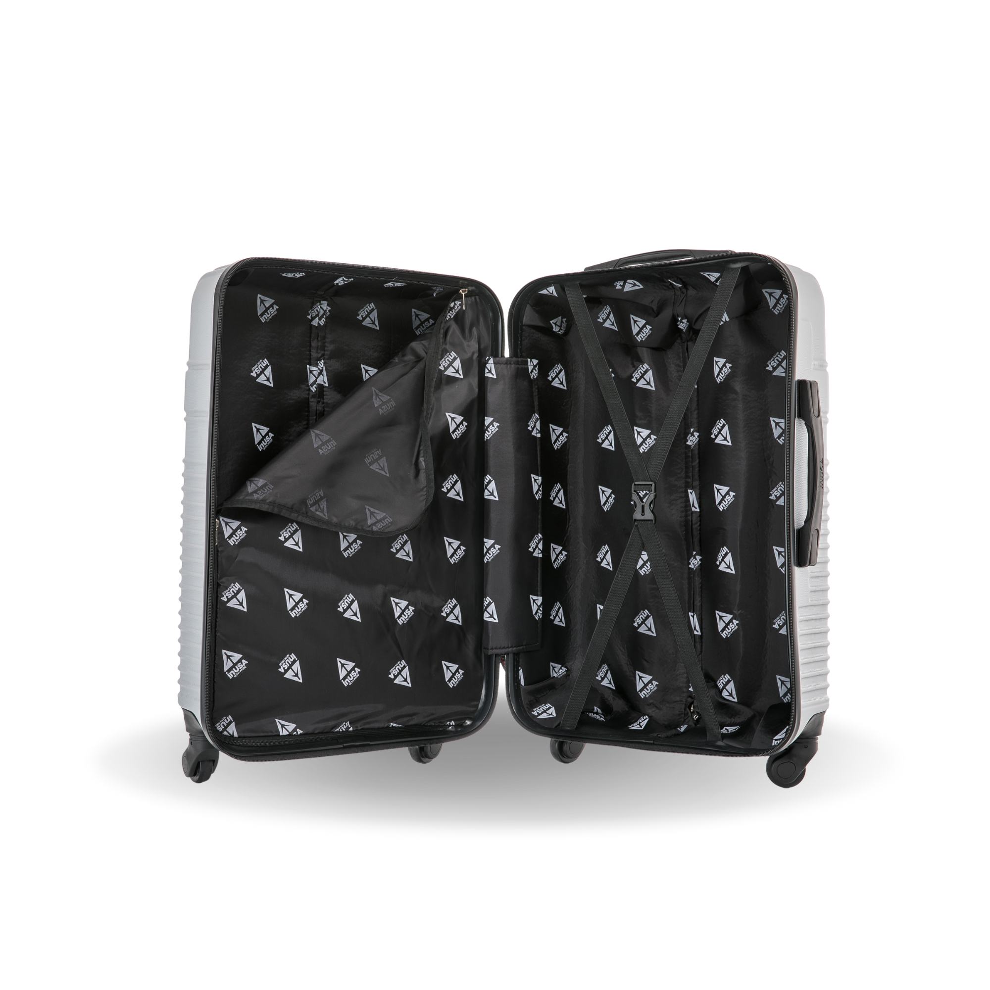 Open black suitcase with geometric pattern on a white background