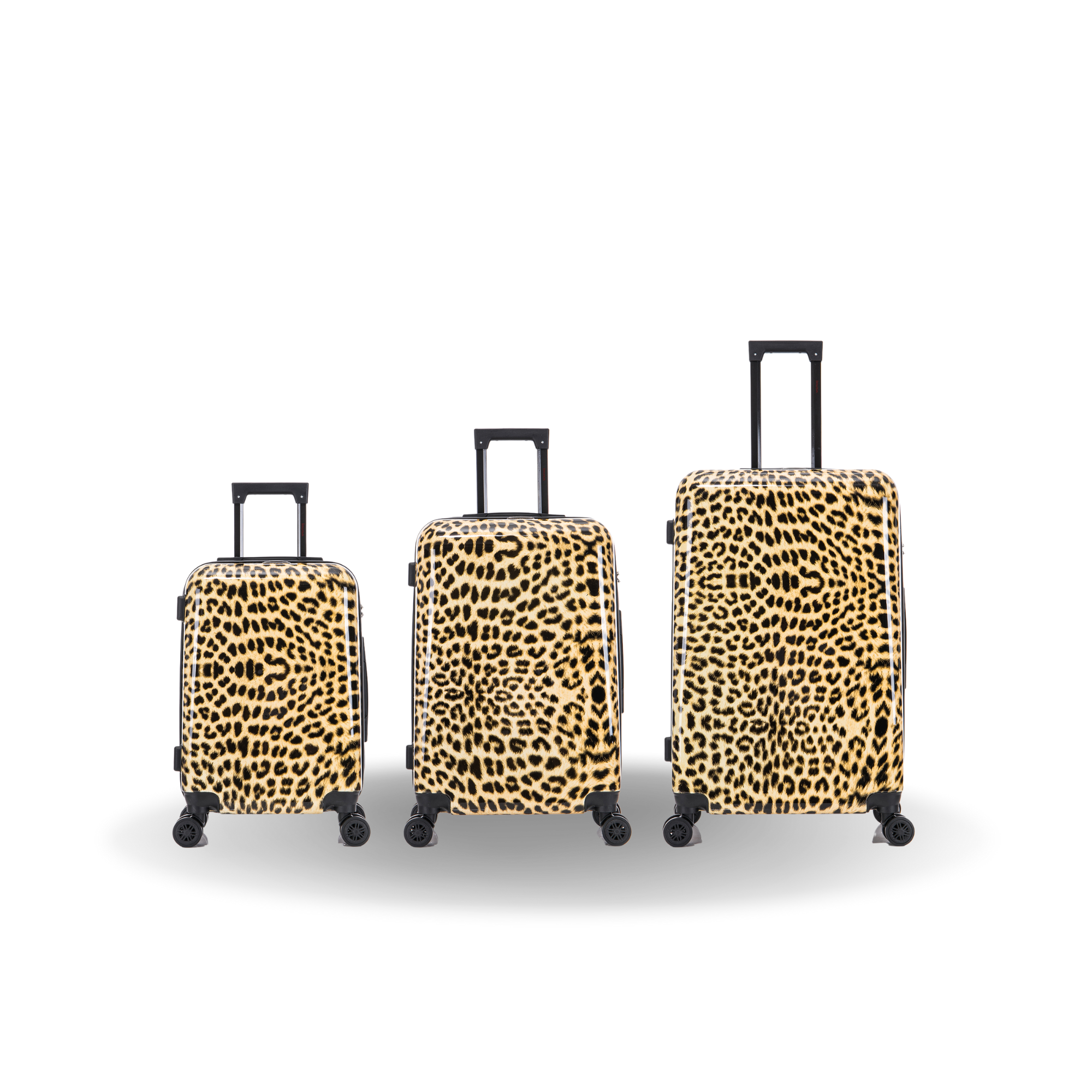 Three leopard print suitcases of different sizes on a white background