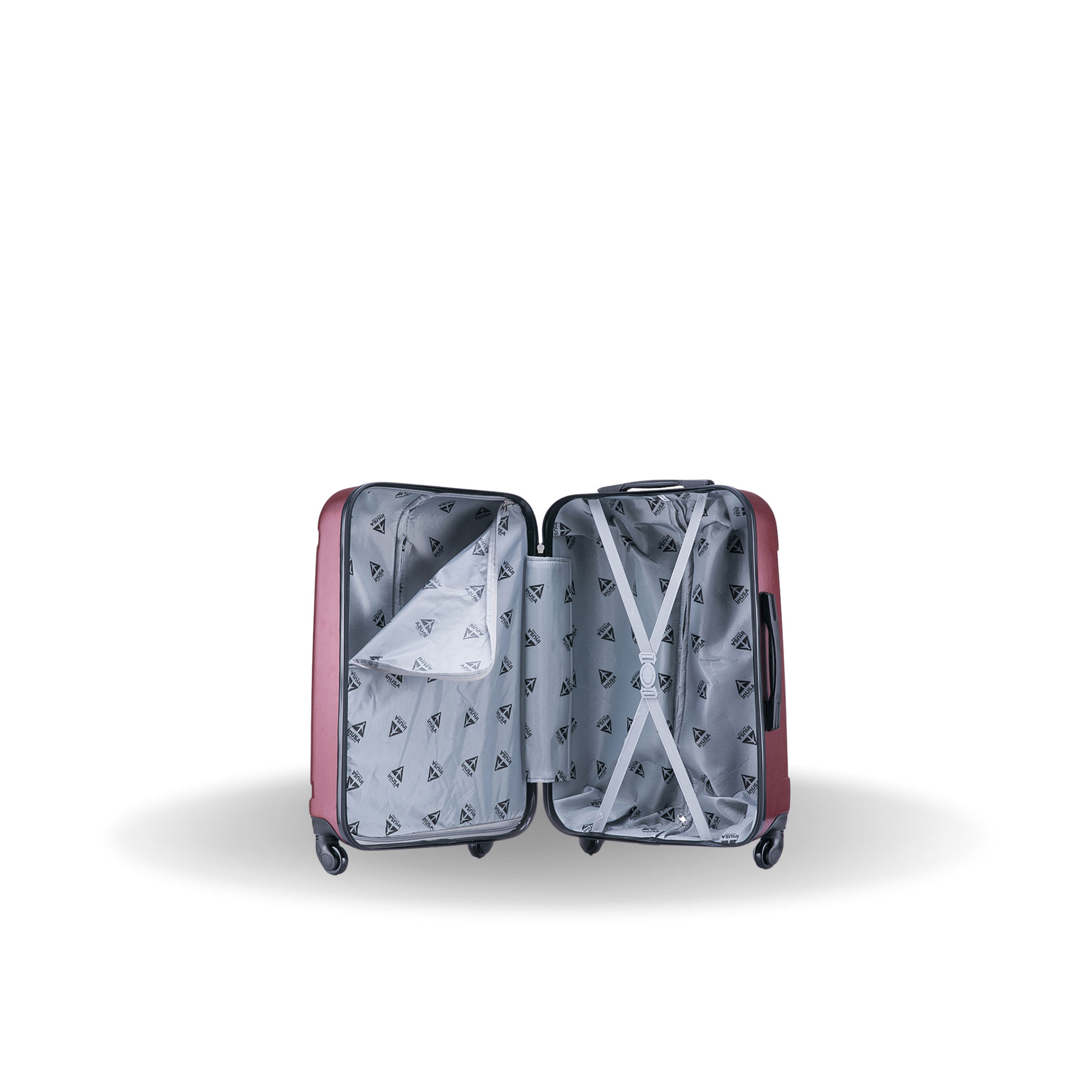Open suitcase with a patterned interior on a white background