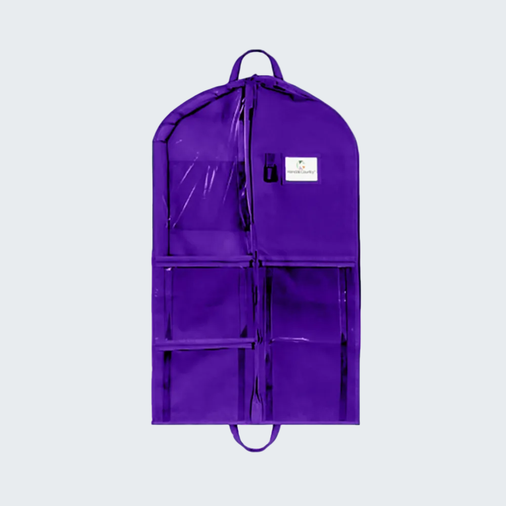 Purple garment bag with clear front panel on a white background