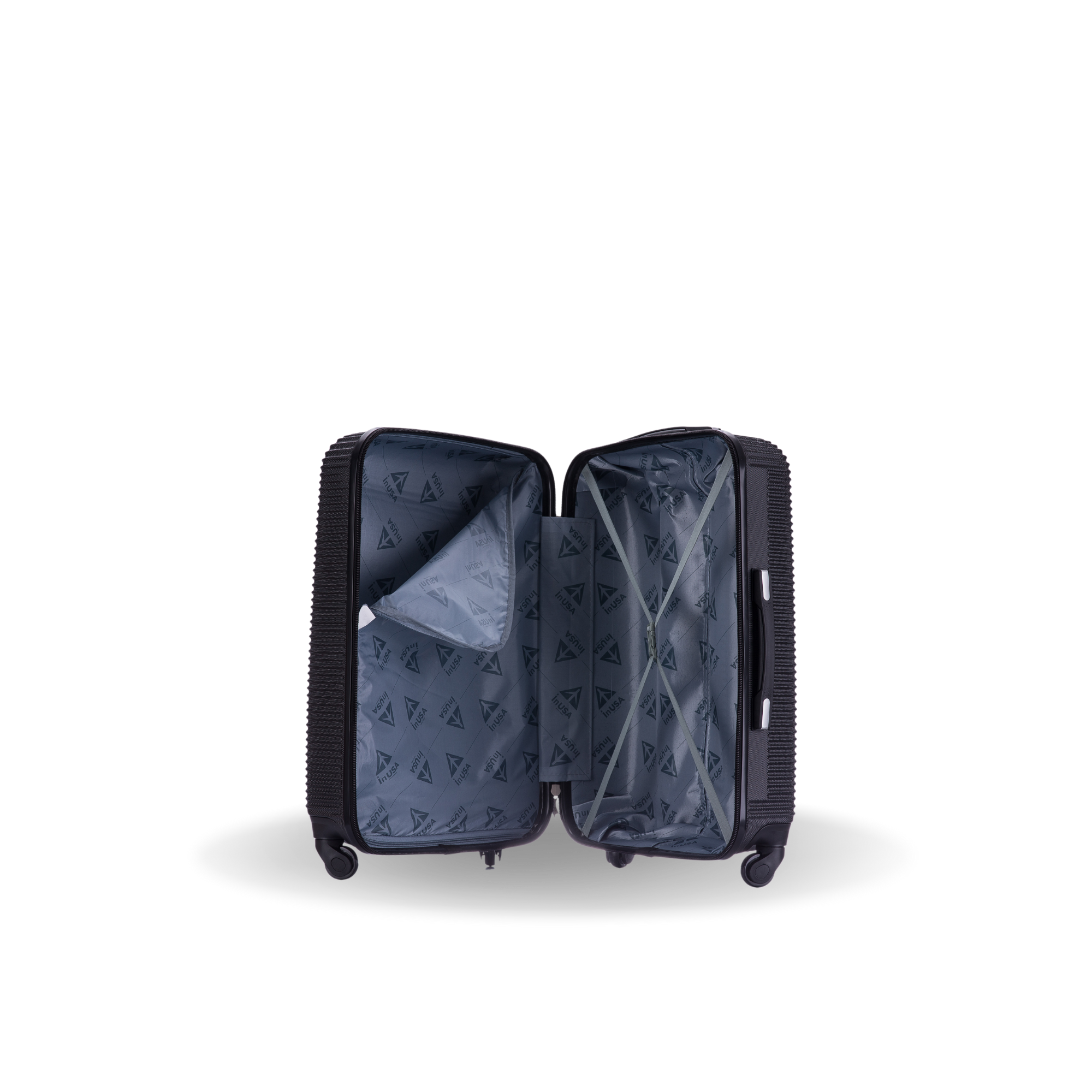 Open black suitcase with interior lining on a white background