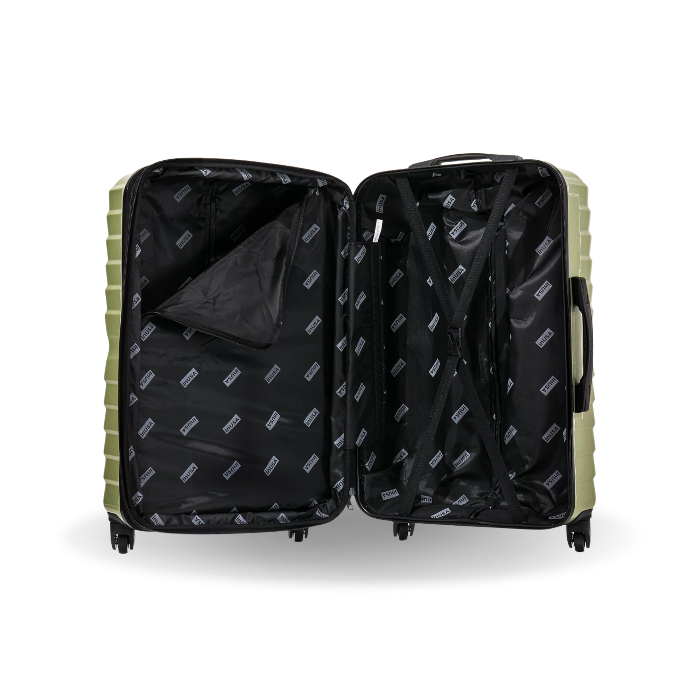 Open green suitcase with black interior on a white background