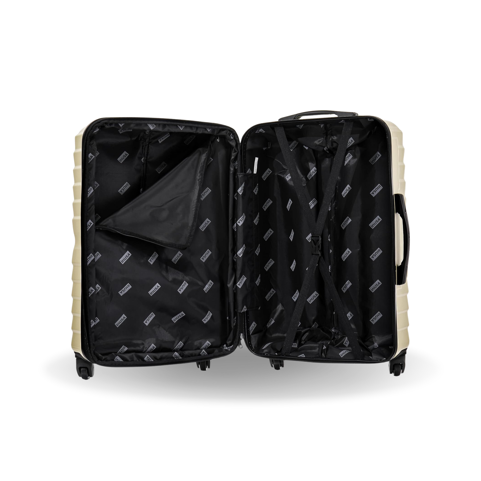 Open beige suitcase with black interior on a white background