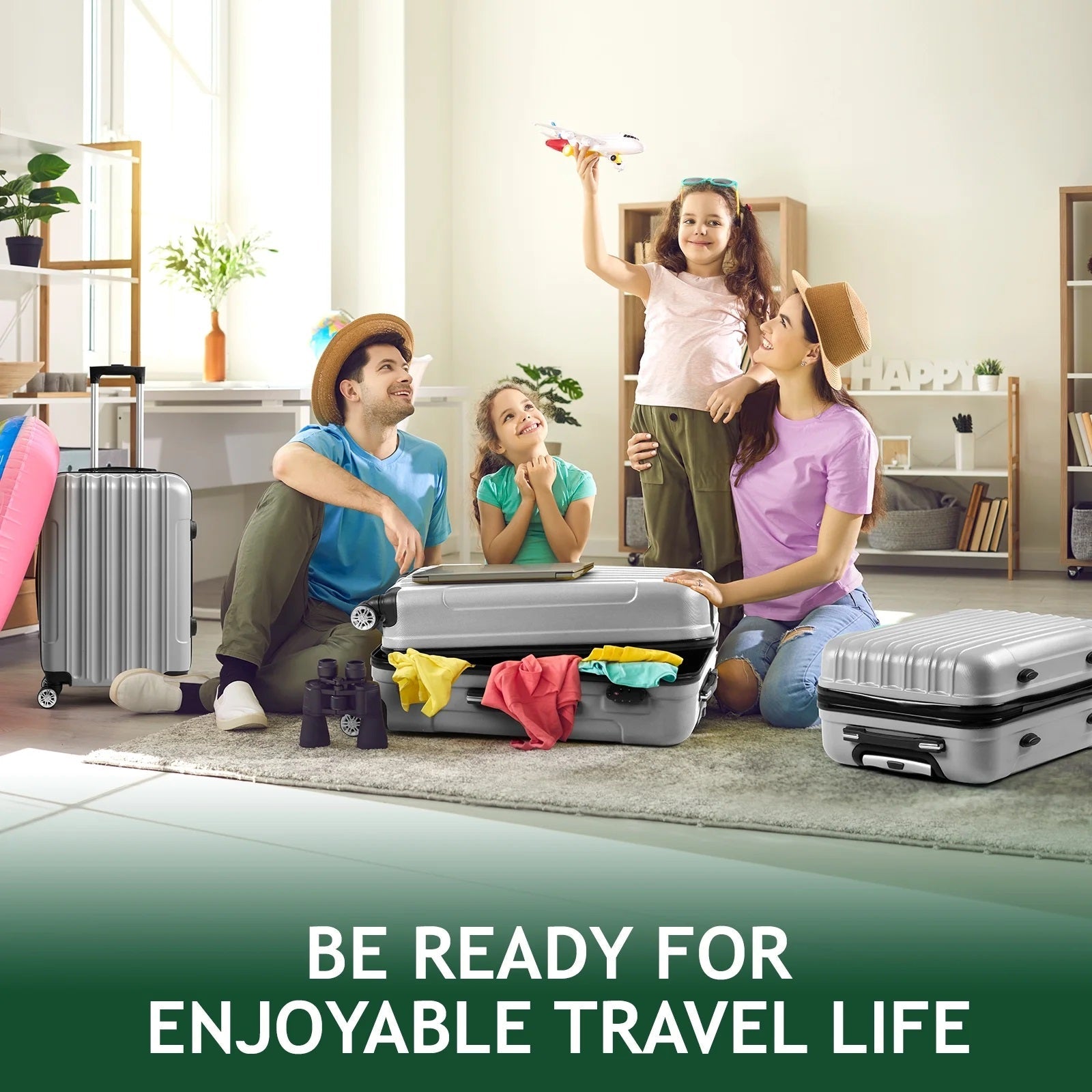 Family packing suitcases with text 'Be ready for enjoyable travel life' in a bright room.