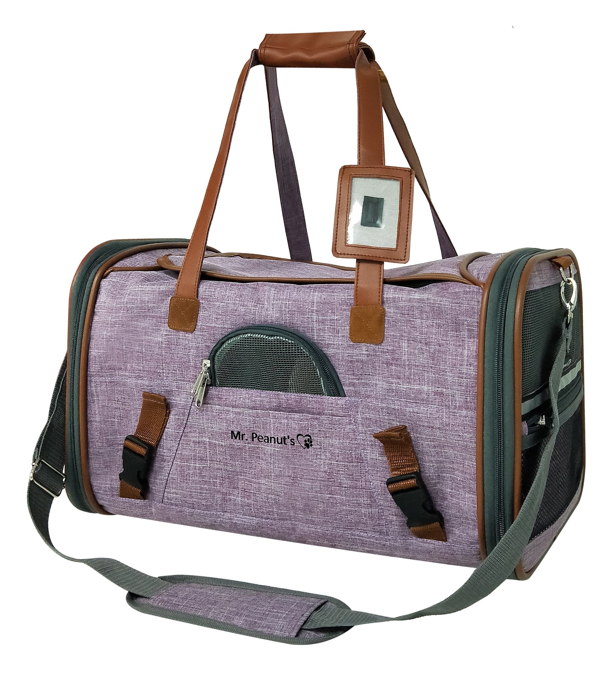 Pet carrier with brown straps and a visible brand logo on a white background