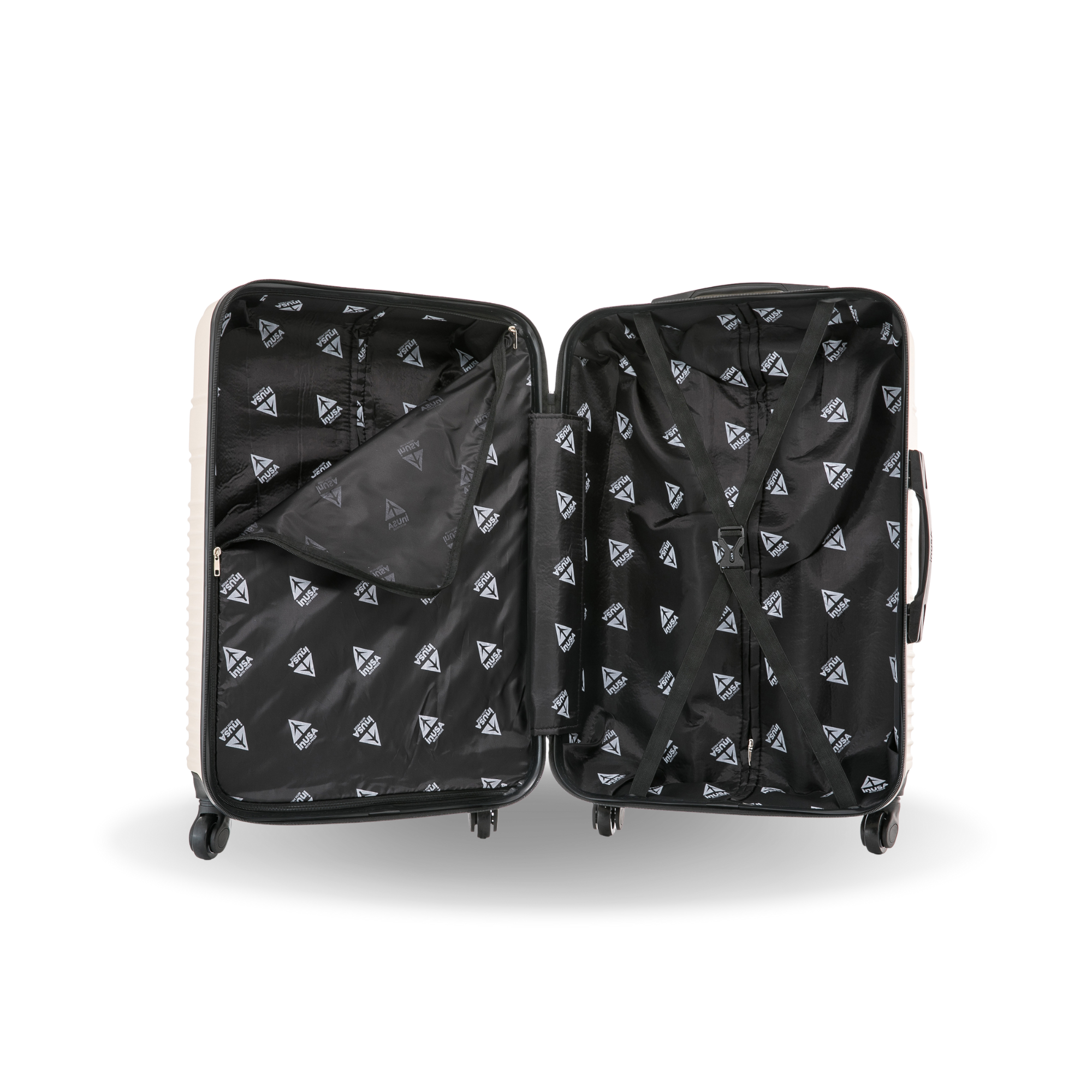 Black suitcase with geometric pattern on a white background