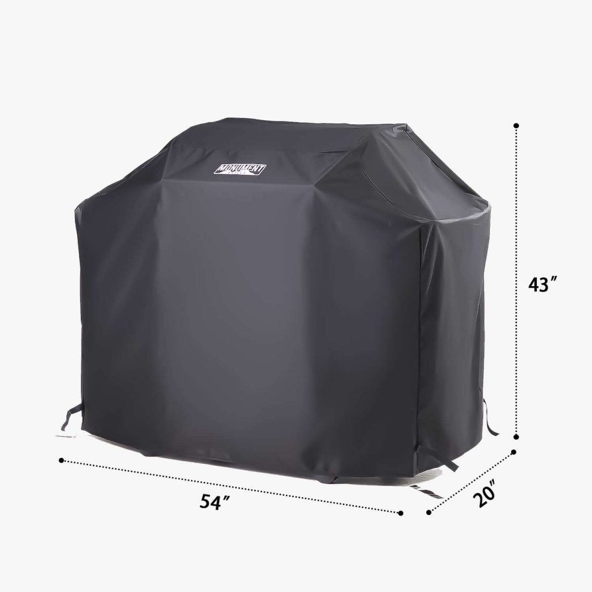 Black grill cover with measurements on a white background