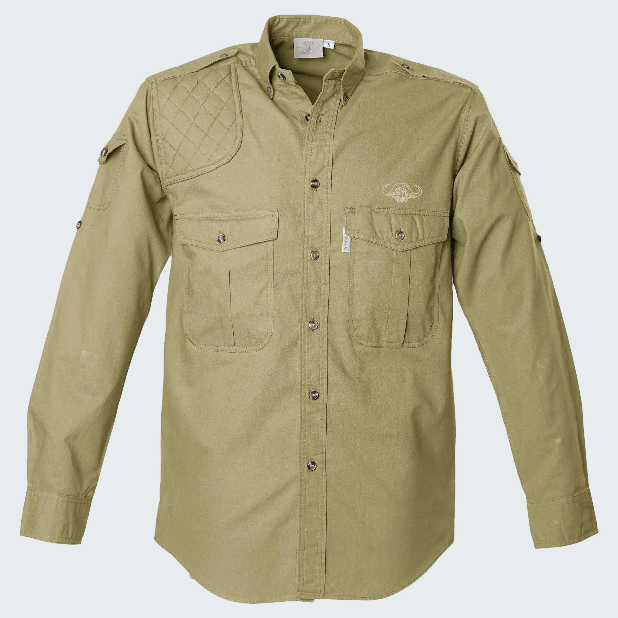 Khaki shirt with quilted shoulder design on a white background