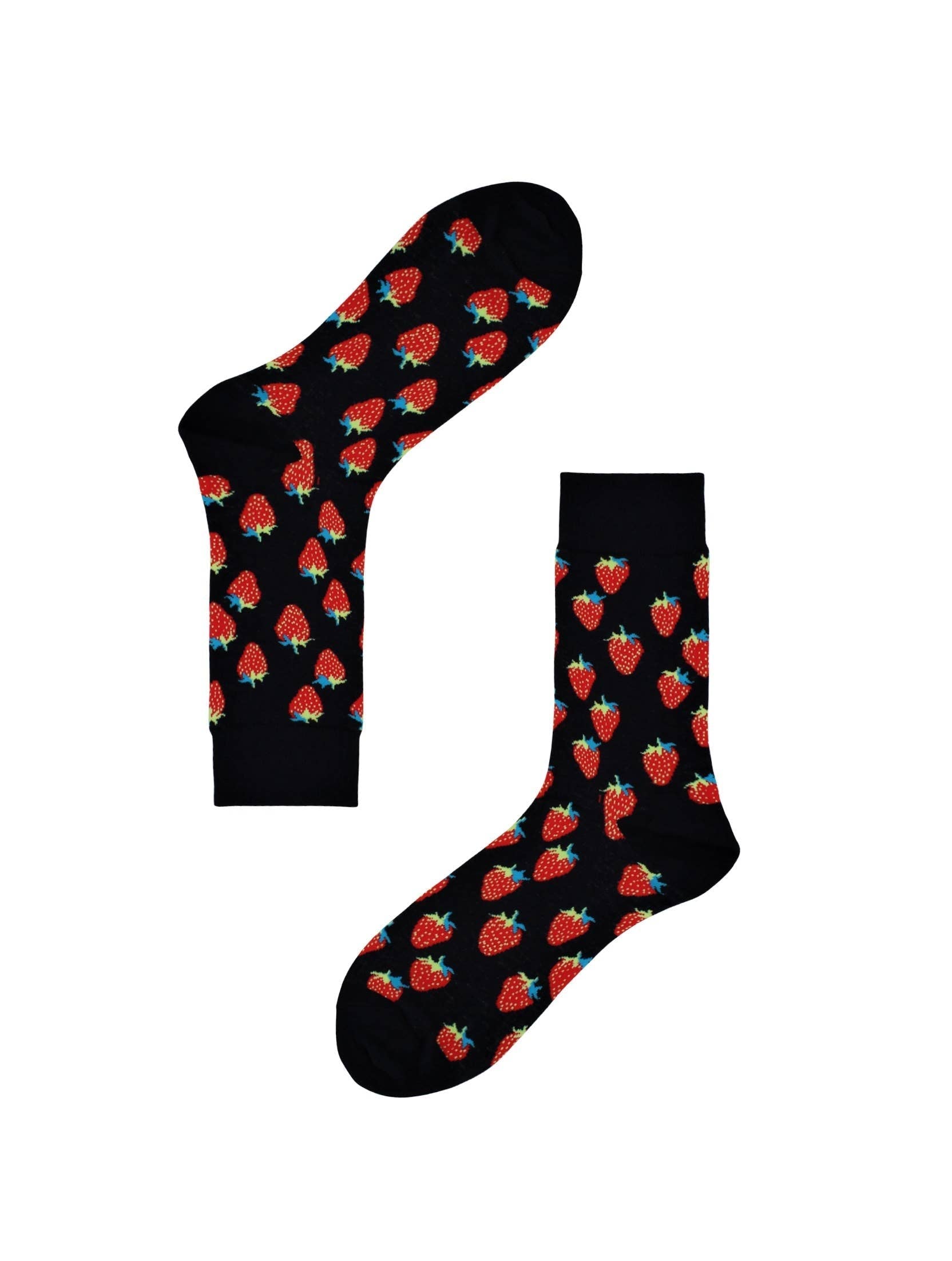 Black socks with strawberry pattern on a white background