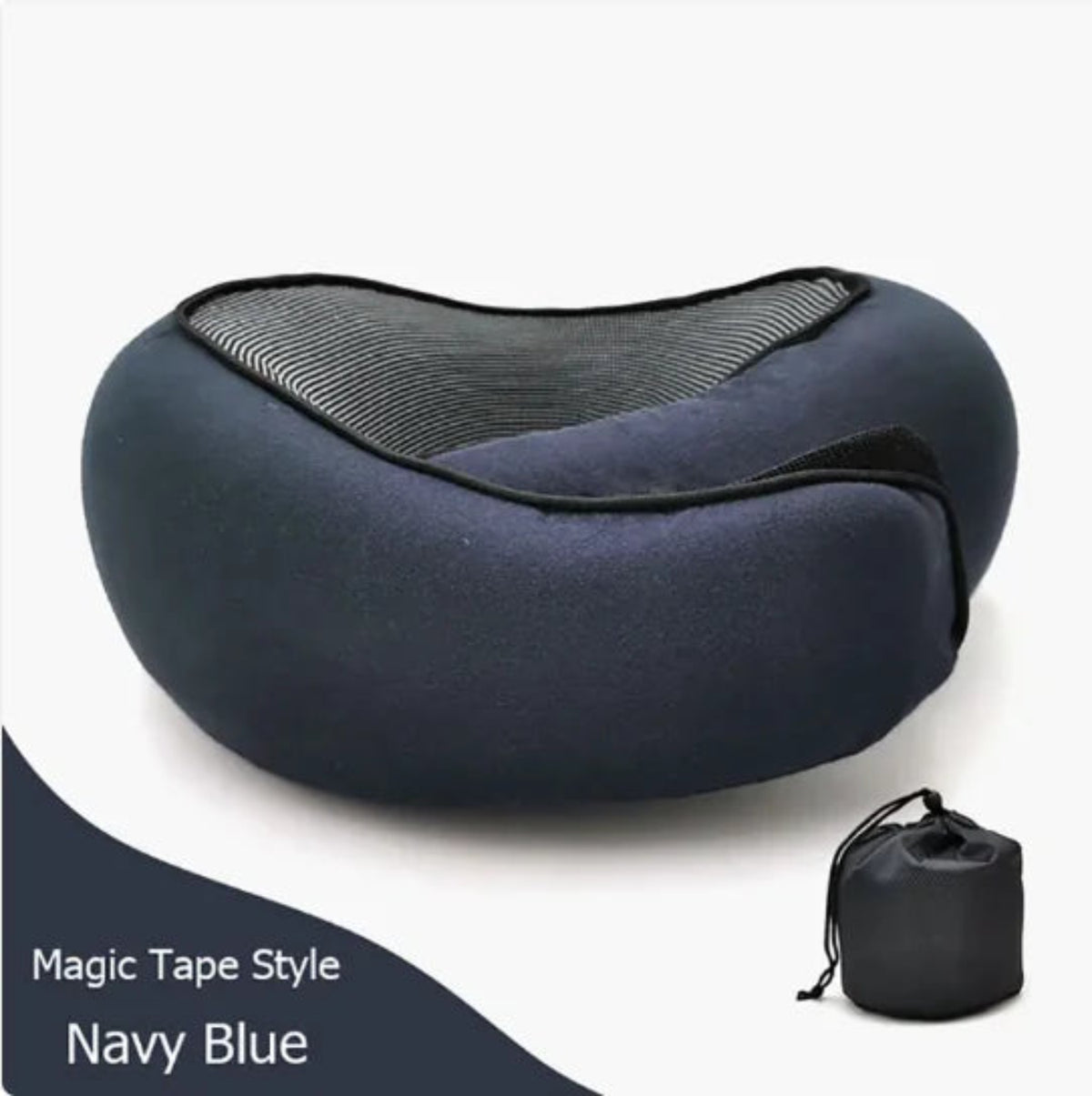 Navy blue travel pillow with a carrying bag on a white background