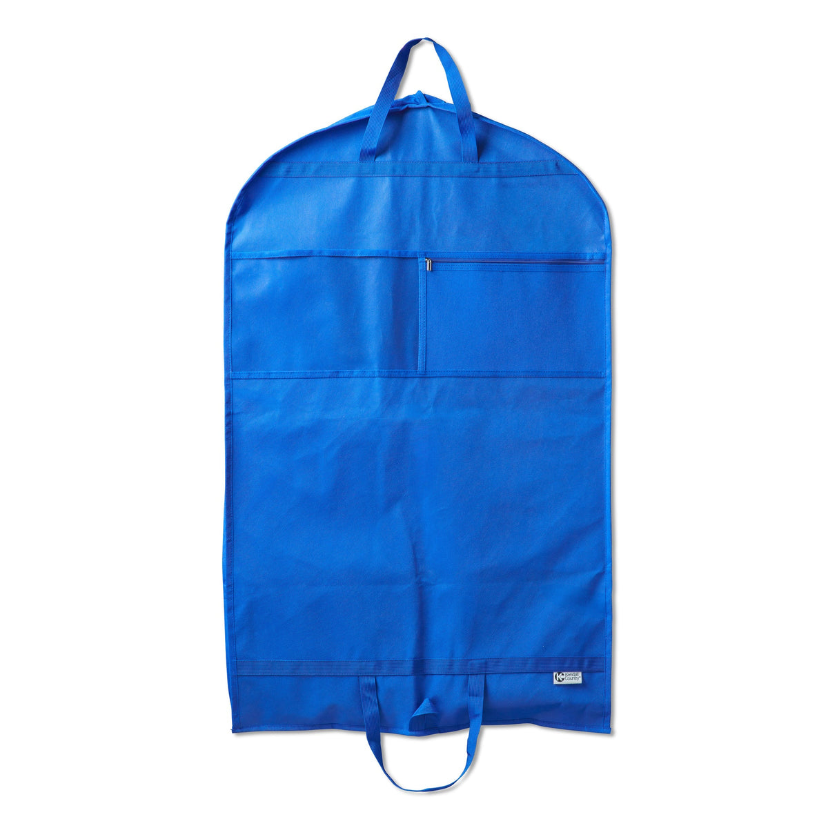 A bright blue garment bag with a top handle, a front zippered pocket, and a bottom hanging loop, shown against a plain white background.