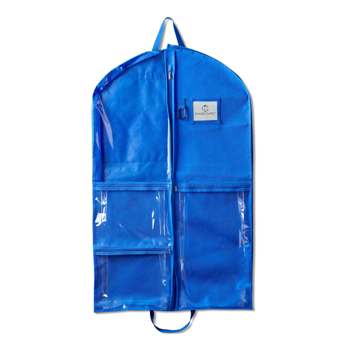 A bright blue garment bag with clear plastic pockets and a small white brand label on the front, shown against a plain white background.