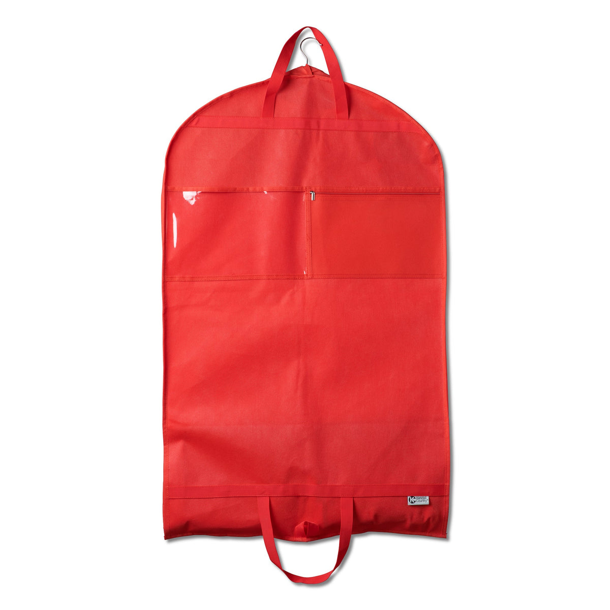 A bright red garment bag with a top hanging loop, a bottom carry handle, and a front zippered pocket, shown against a plain white background.