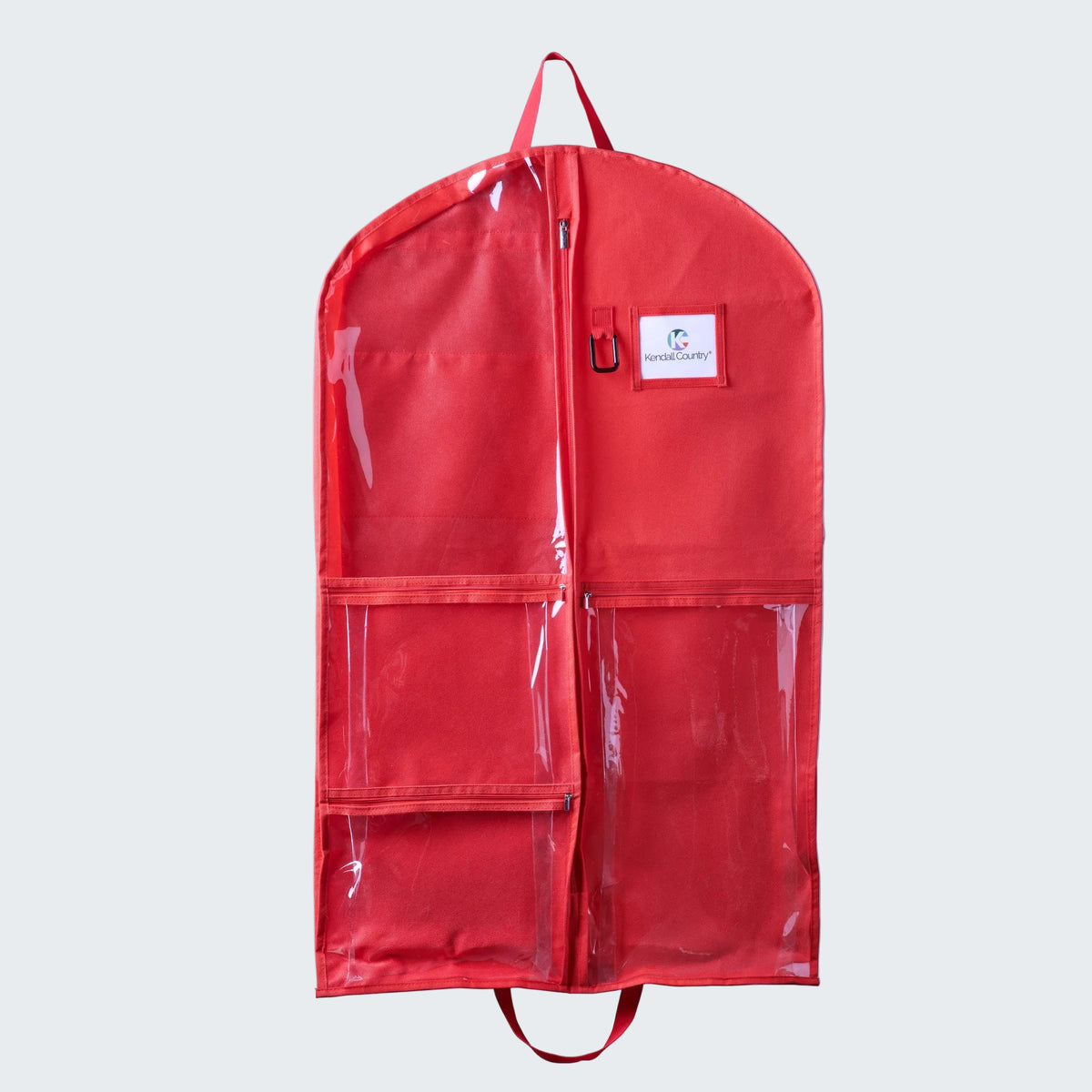 A red garment storage bag with clear plastic pockets and a zippered top, shown against a plain white background.