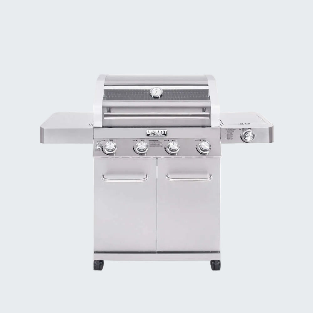 Stainless steel gas grill on a white background