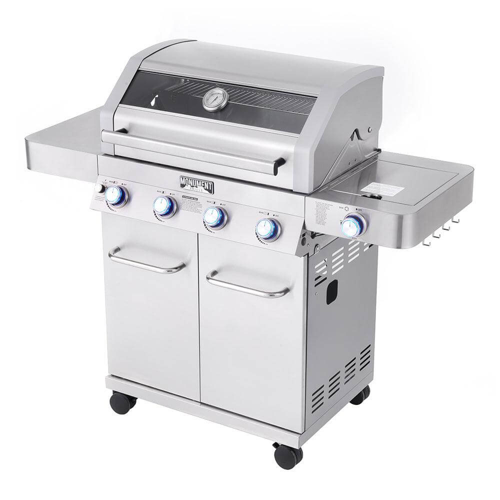 Stainless steel gas grill on a white background