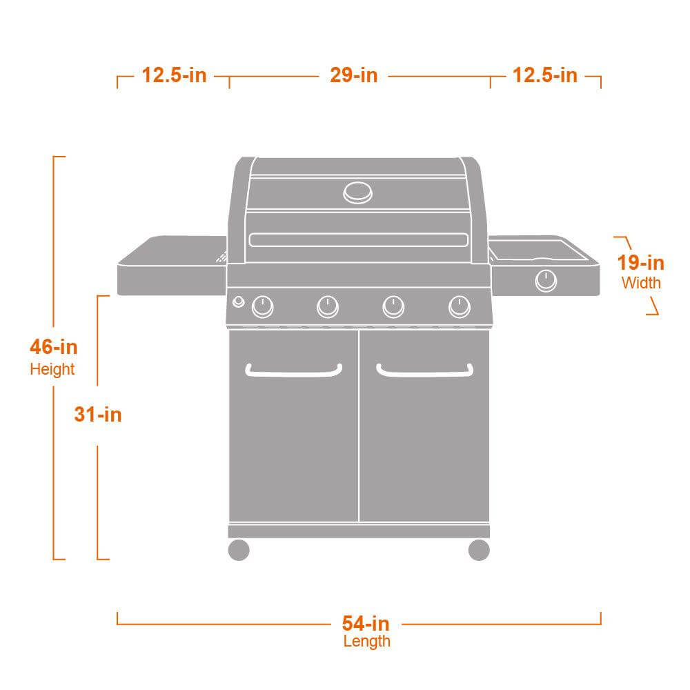 Grill with dimensions labeled on a white background