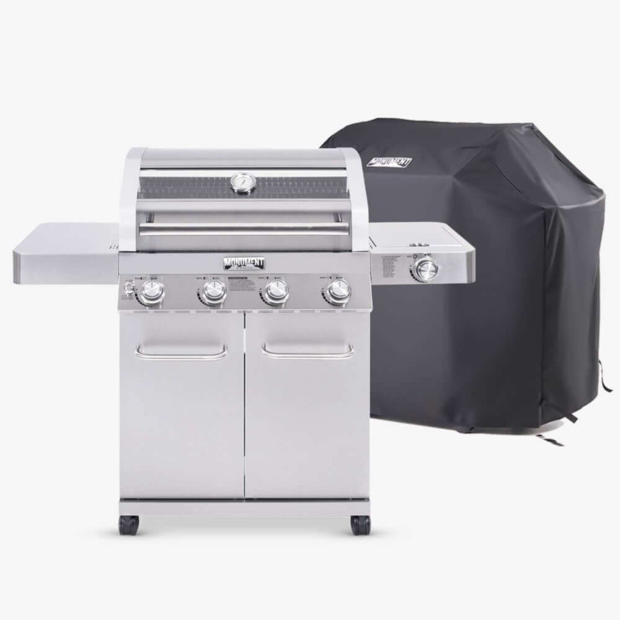 Stainless steel grill with a black cover on a white background