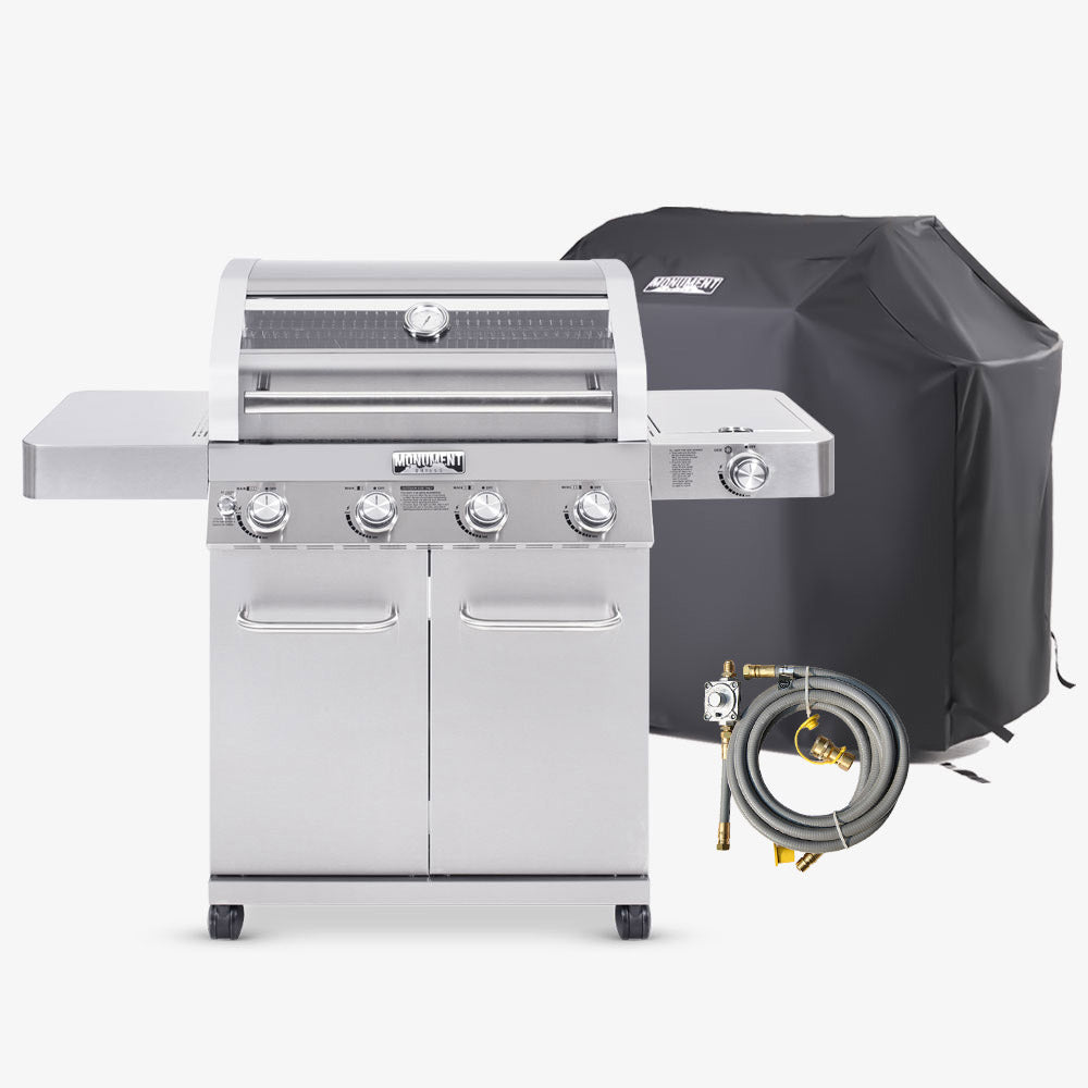 Stainless steel grill with cover and hose on a white background
