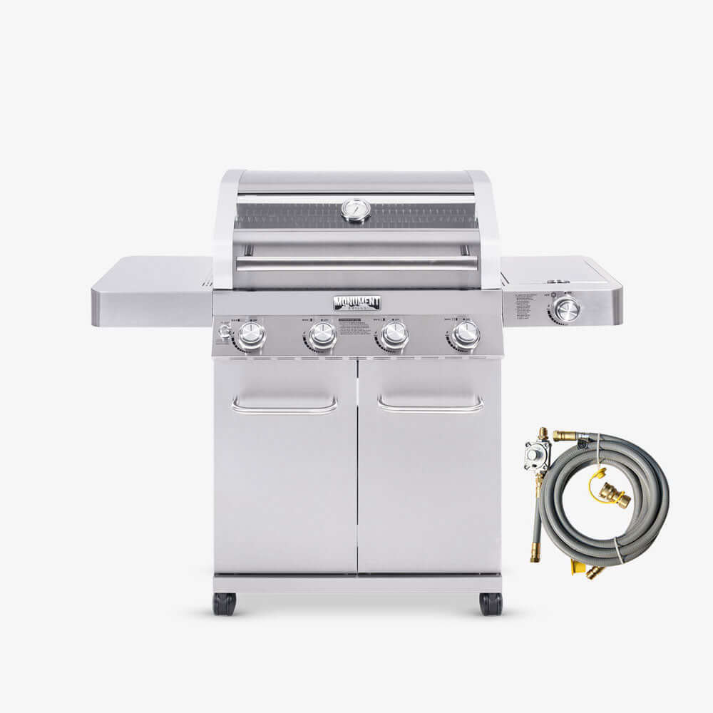 Stainless steel grill with hose on a white background