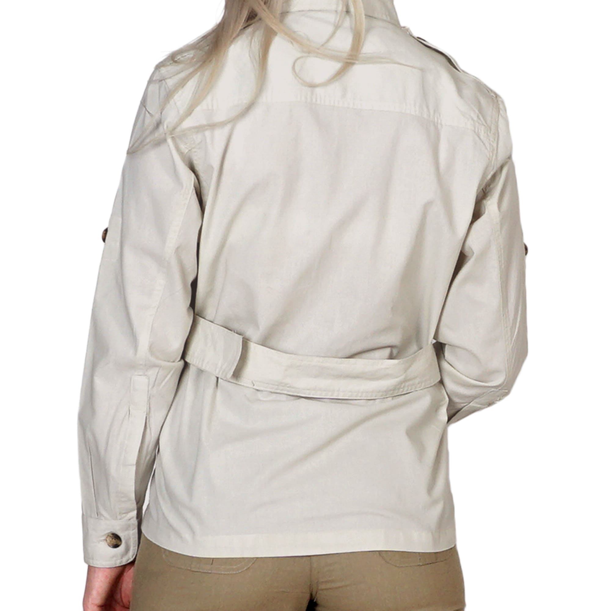 Beige jacket worn by a person on a white background