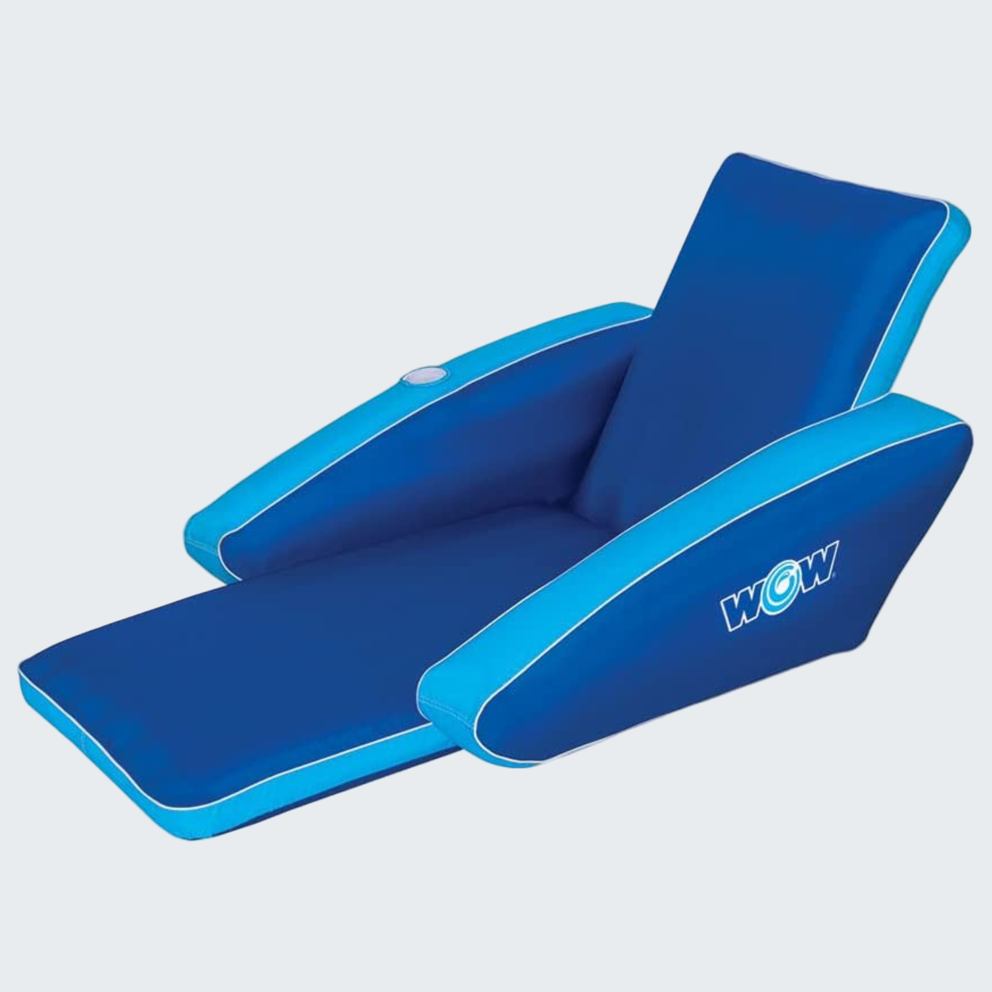 Blue inflatable lounge chair with 'WOW' branding on a white background