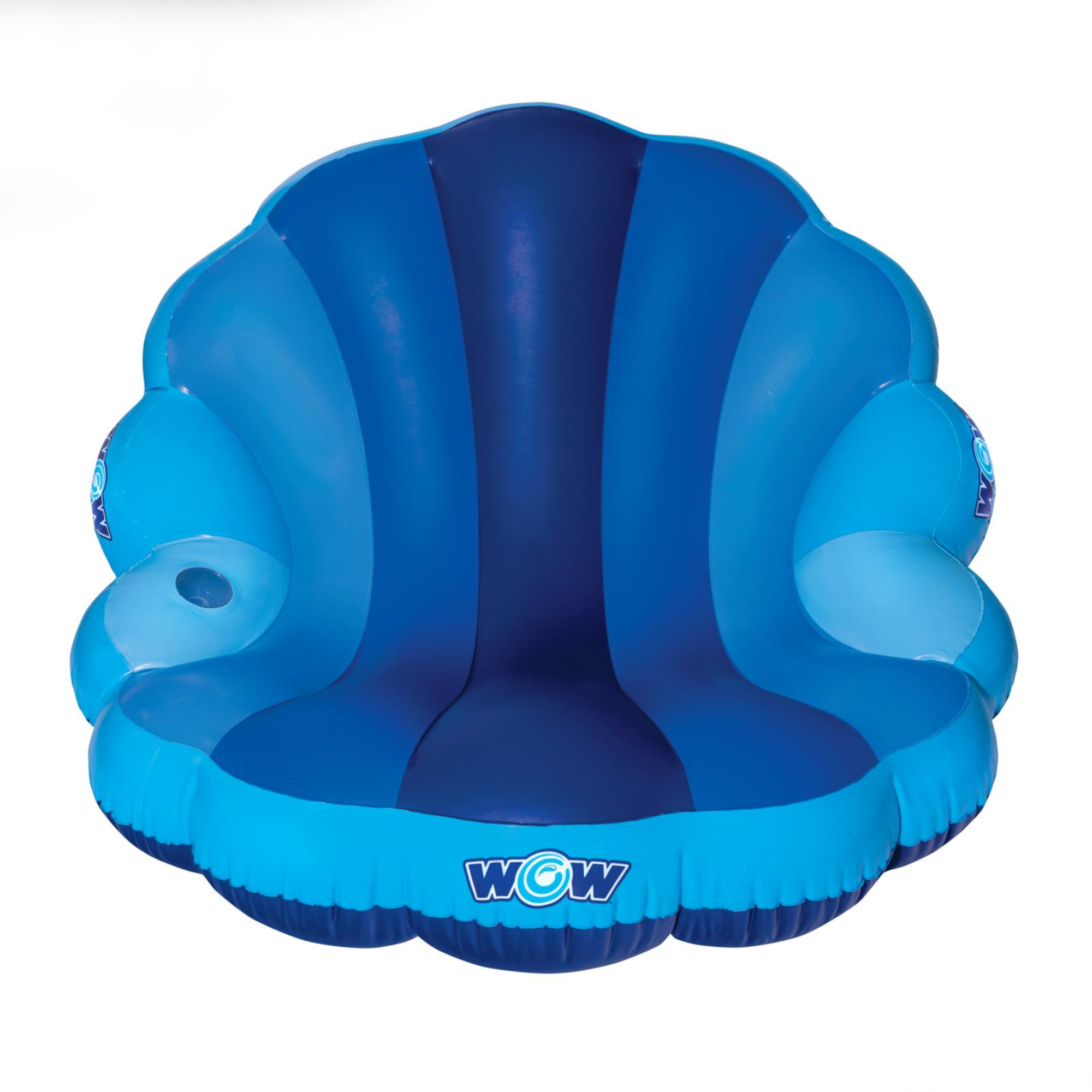 Blue inflatable chair with 'WOW' branding on a white background