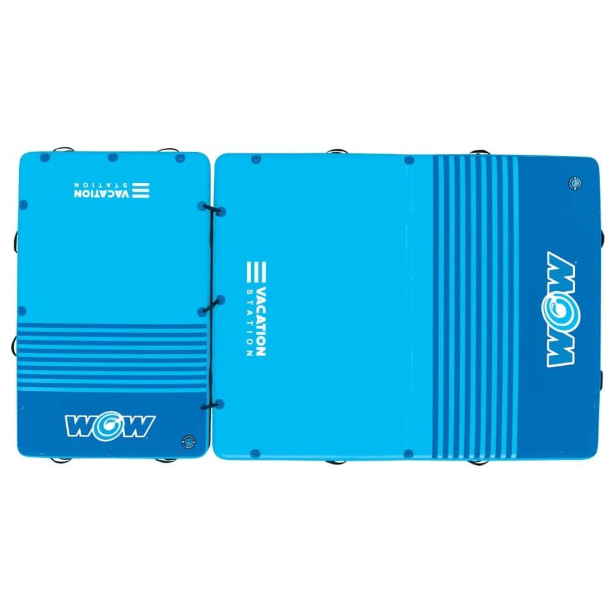 Two blue WOW surfboard bags on a white background