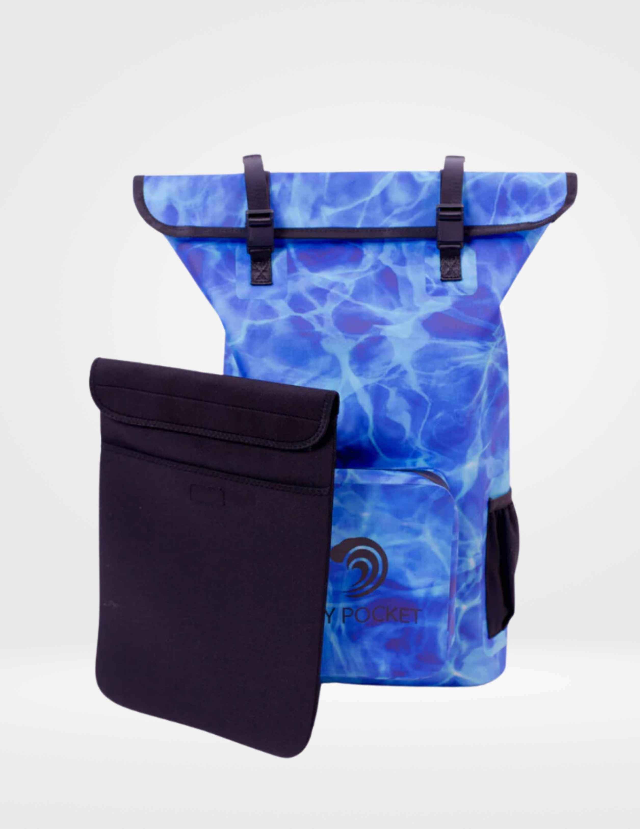 Blue patterned backpack and black pouch on a white background