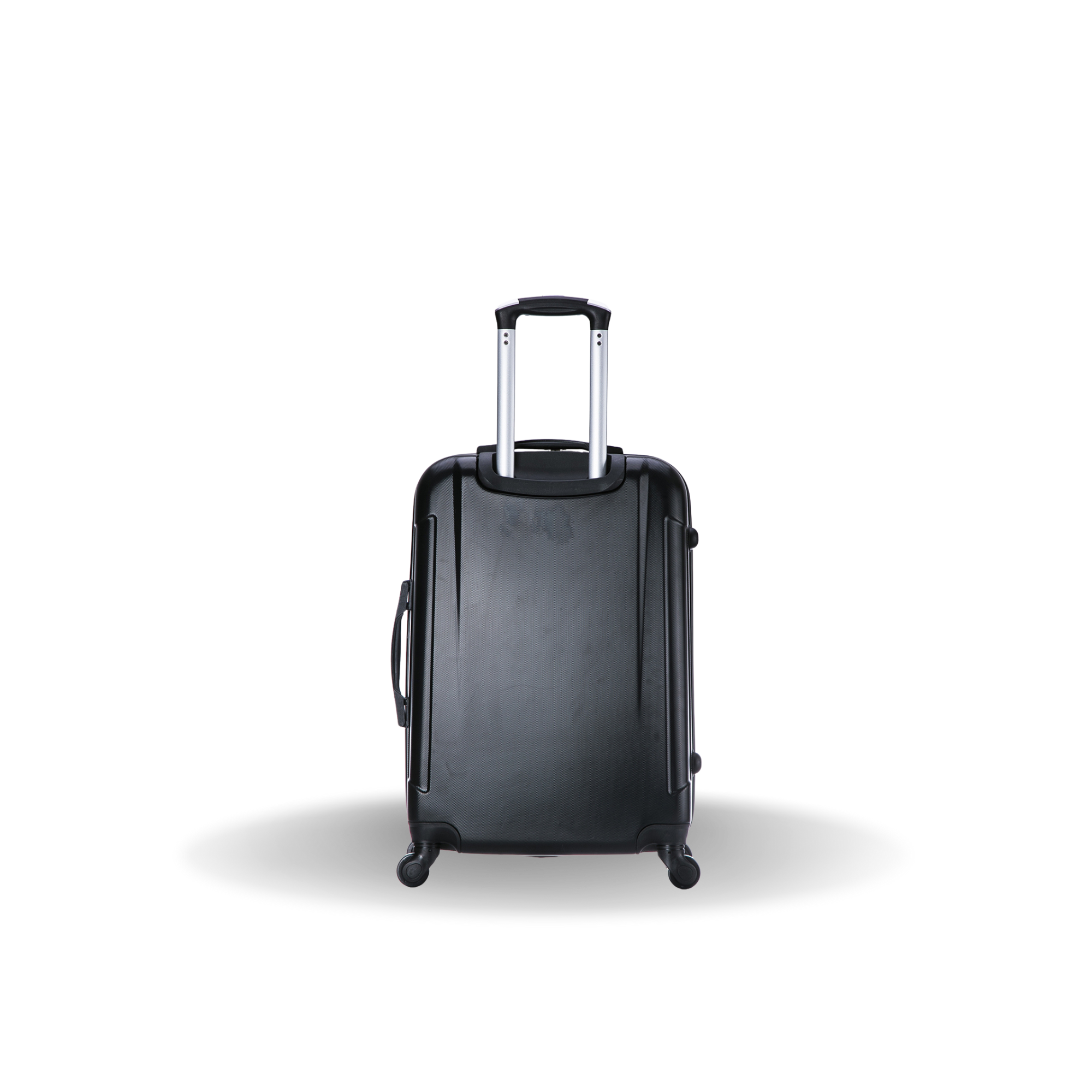 Black suitcase with wheels on a white background