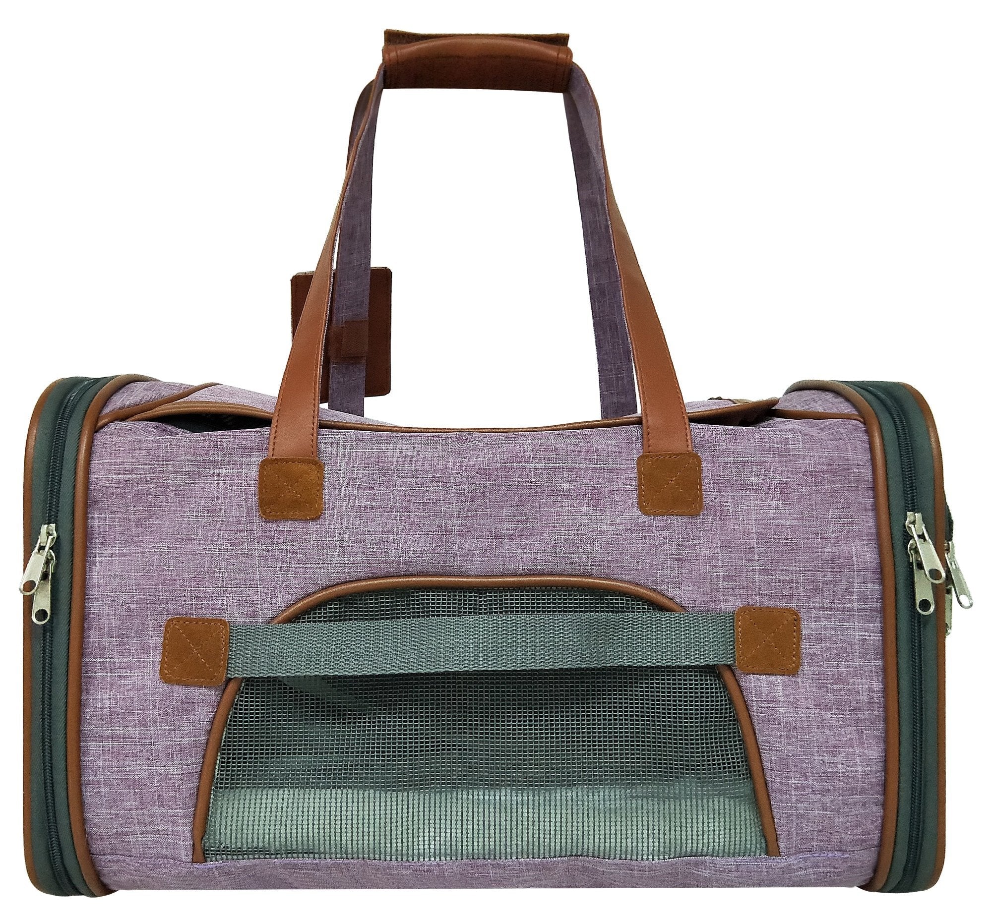 Pet carrier with brown handles and trim on a white background