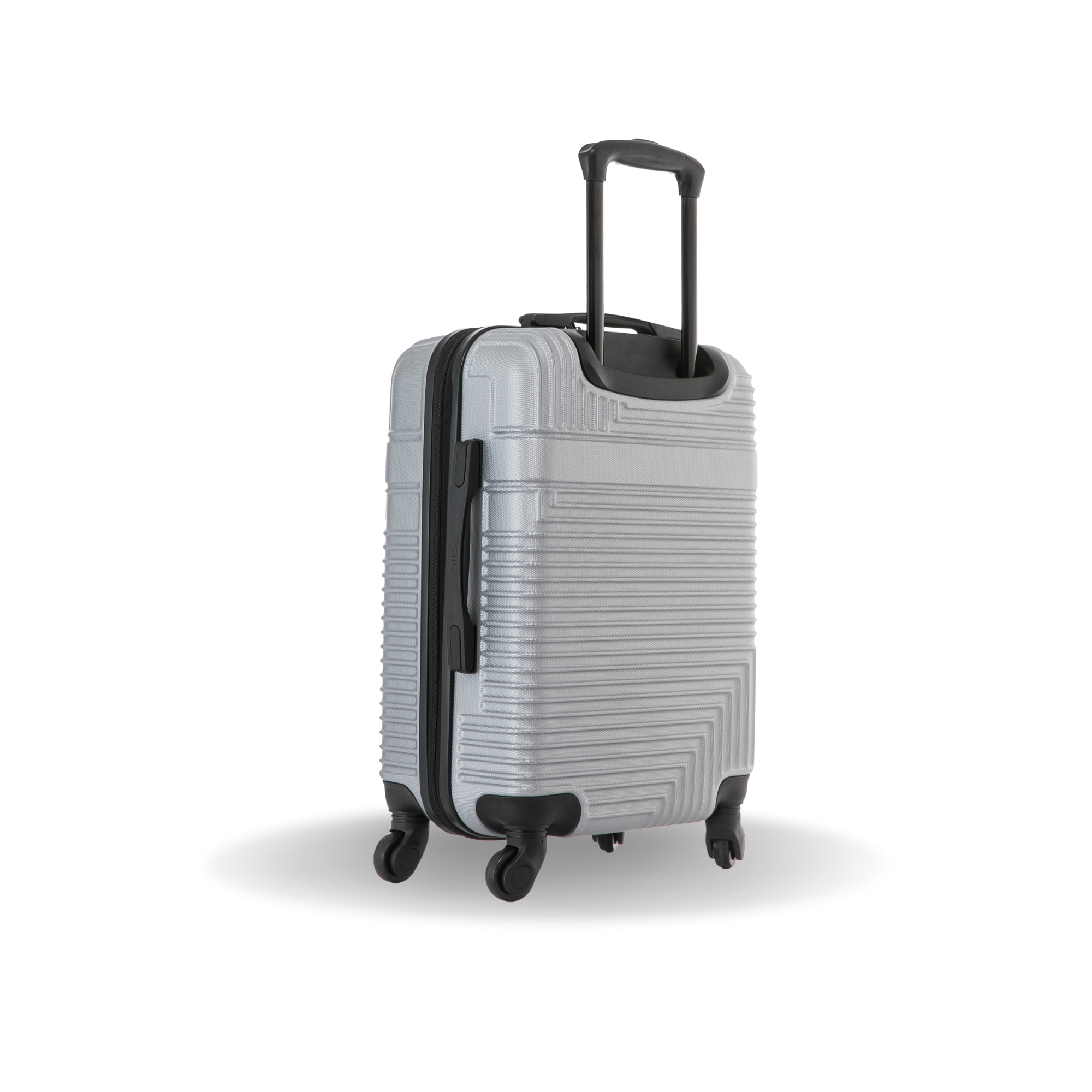 Silver suitcase with black wheels and handle on a white background